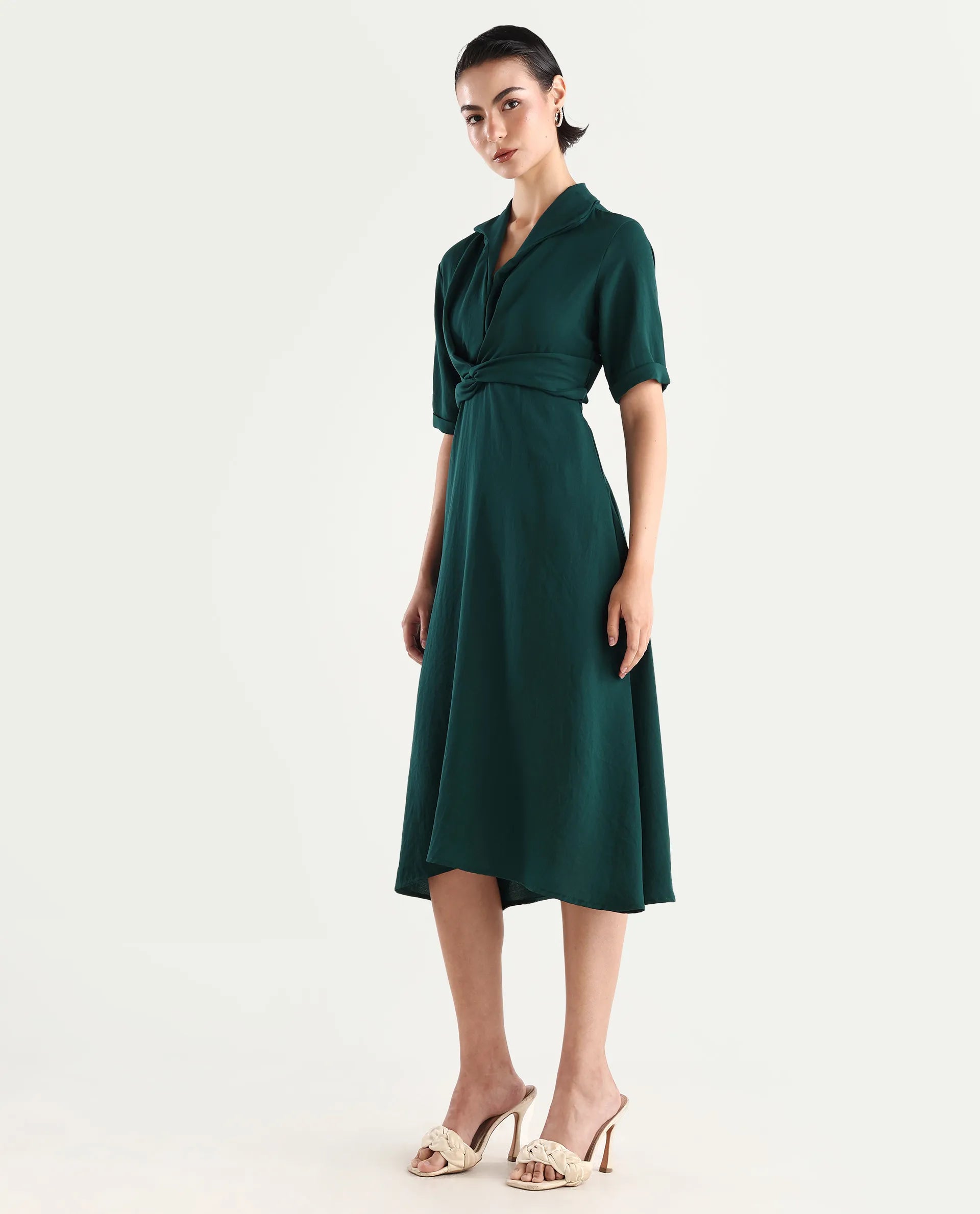 Rareism Women's Fedrez Green Polyester Cowl Neck Plain Bell Sleeve Maxi Flared Dress