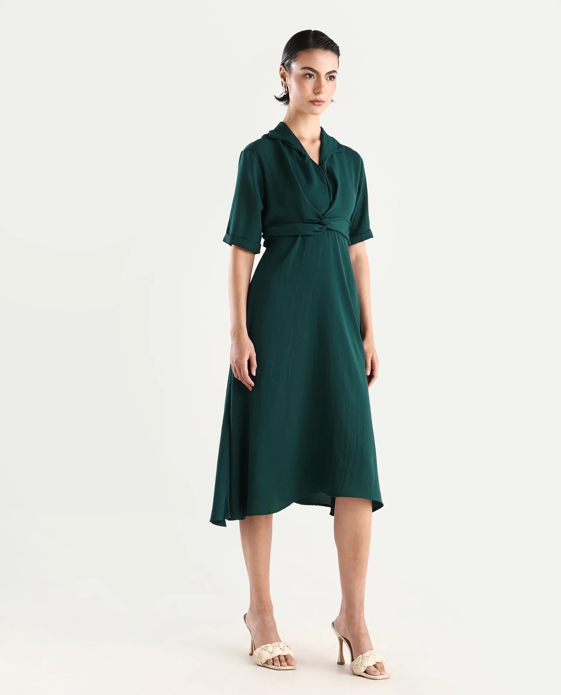 Rareism Women's Fedrez Green Polyester Cowl Neck Plain Bell Sleeve Maxi Flared Dress