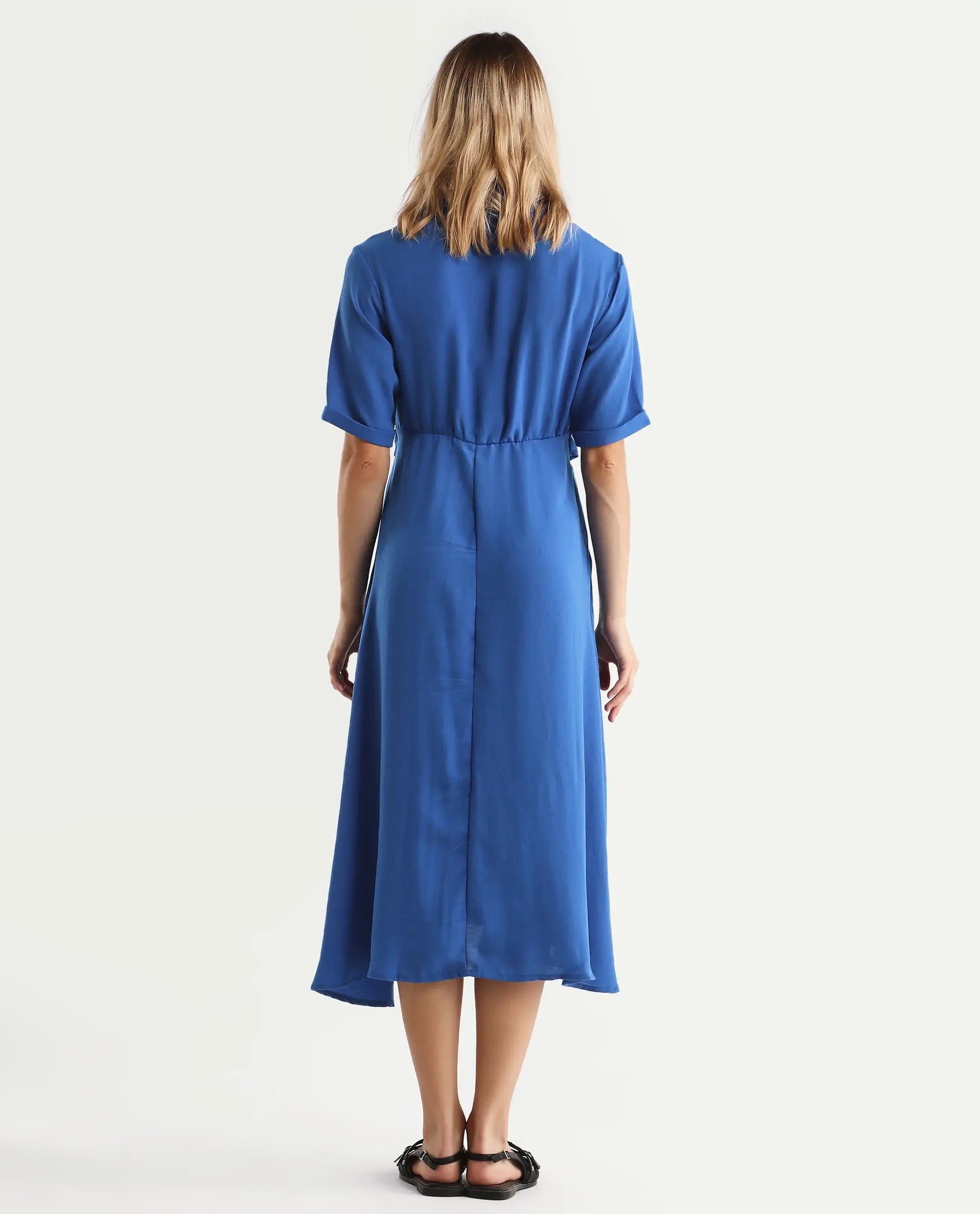 Rareism Women's Fedrez Navy Polyester Cowl Neck Plain Bell Sleeve Maxi Flared Dress