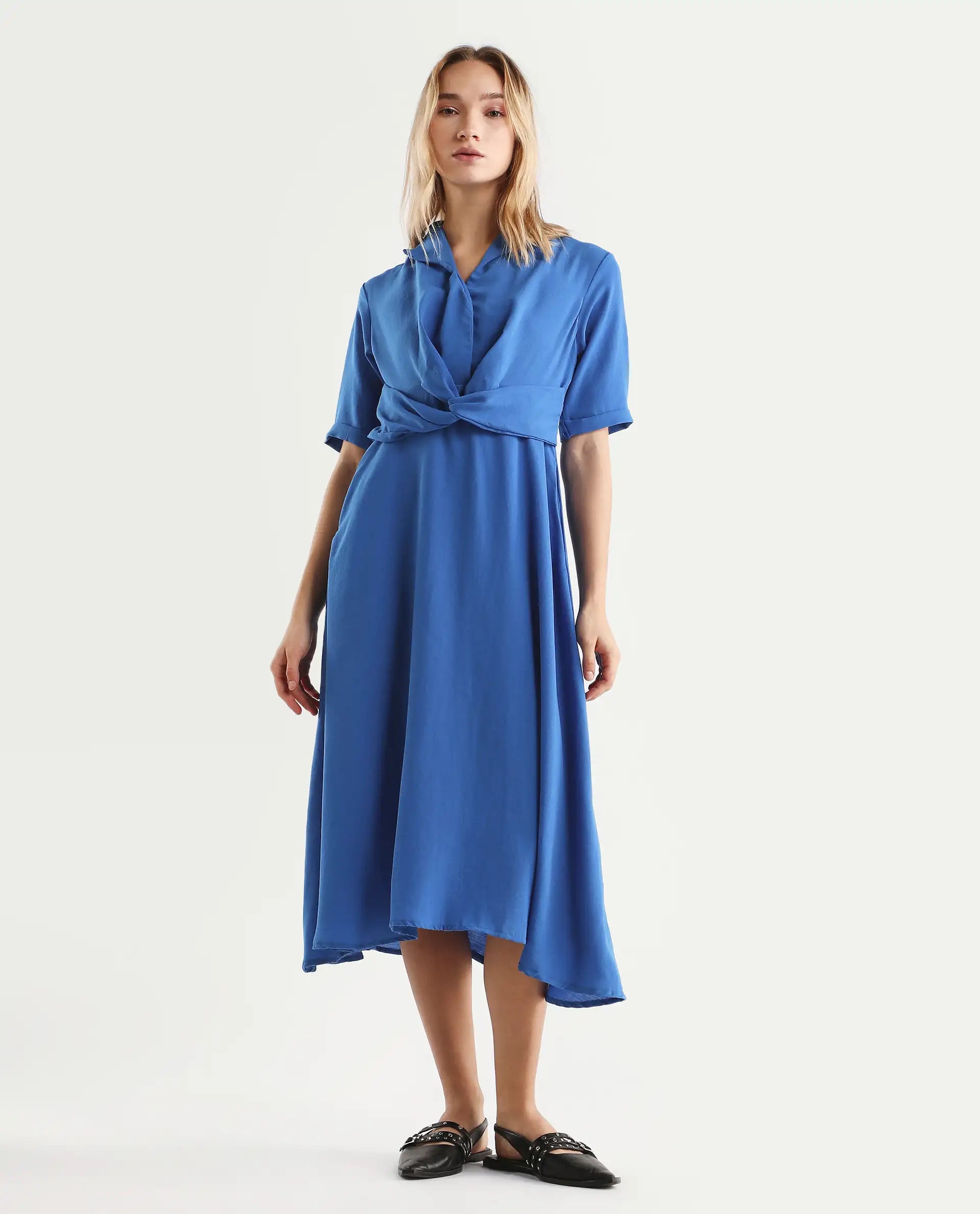 Rareism Women's Fedrez Navy Polyester Cowl Neck Plain Bell Sleeve Maxi Flared Dress