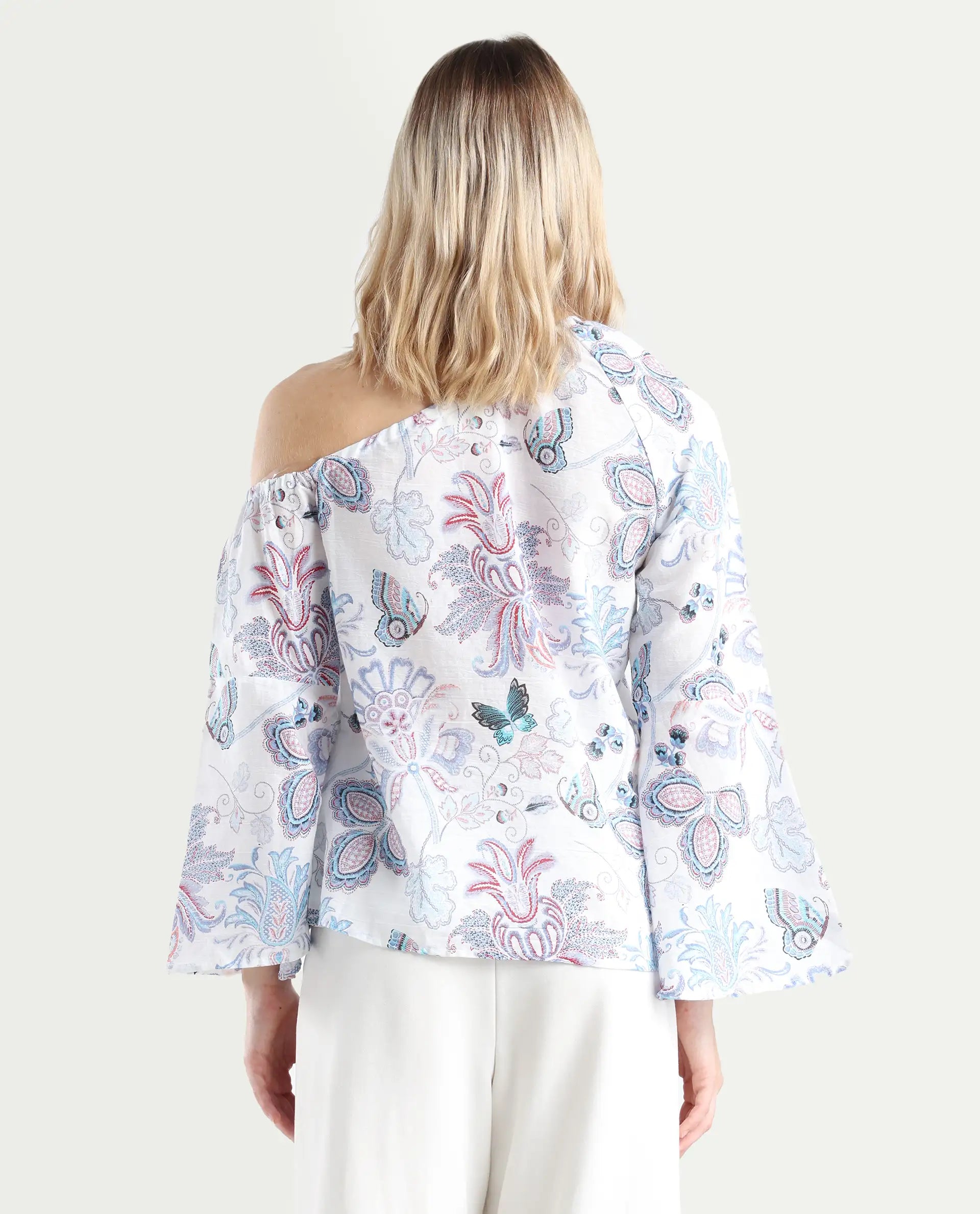 Rareism Women's Feightono Light Multi Cotton Blend One Shoulder Paisley Print Raglan Sleeve Regular Fit Top