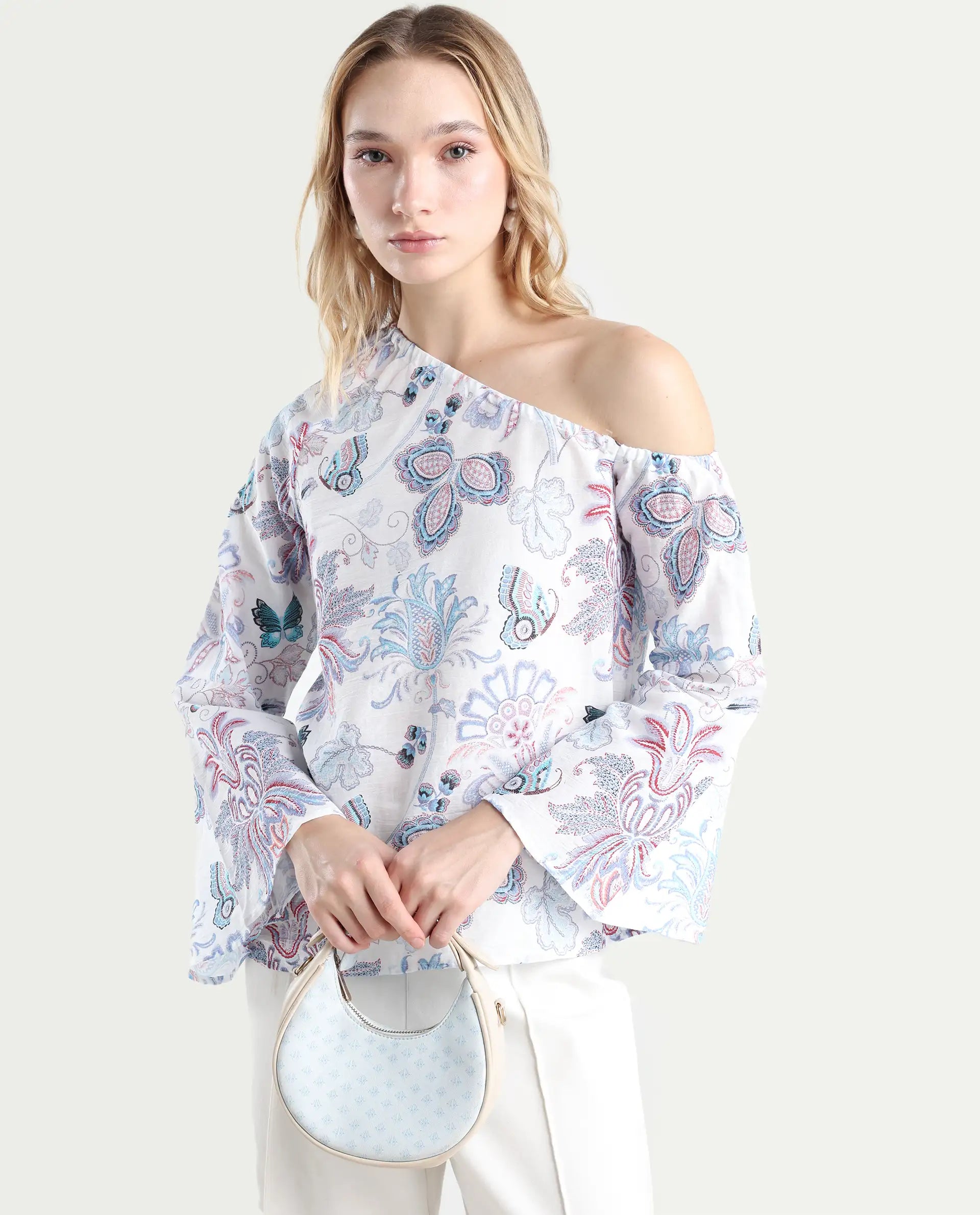 Rareism Women's Feightono Light Multi Cotton Blend One Shoulder Paisley Print Raglan Sleeve Regular Fit Top