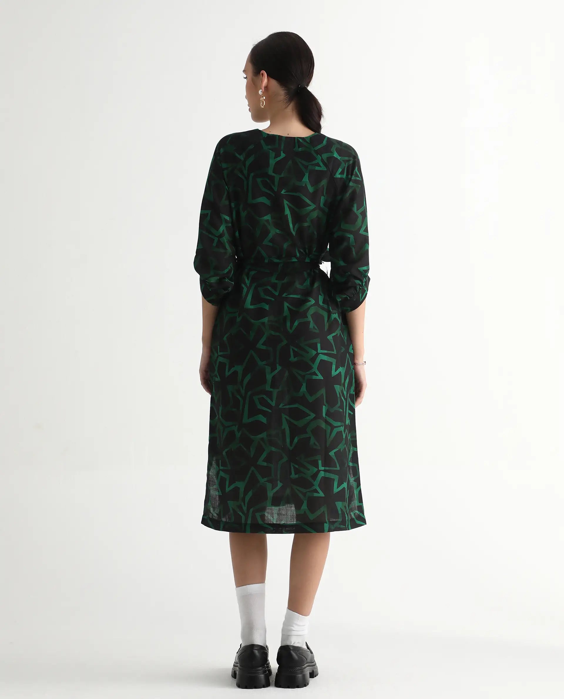 Rareism Women's Feray Dark Black Linen V-Neck Geometric Print Bishop Sleeve Midi A-Line Dress