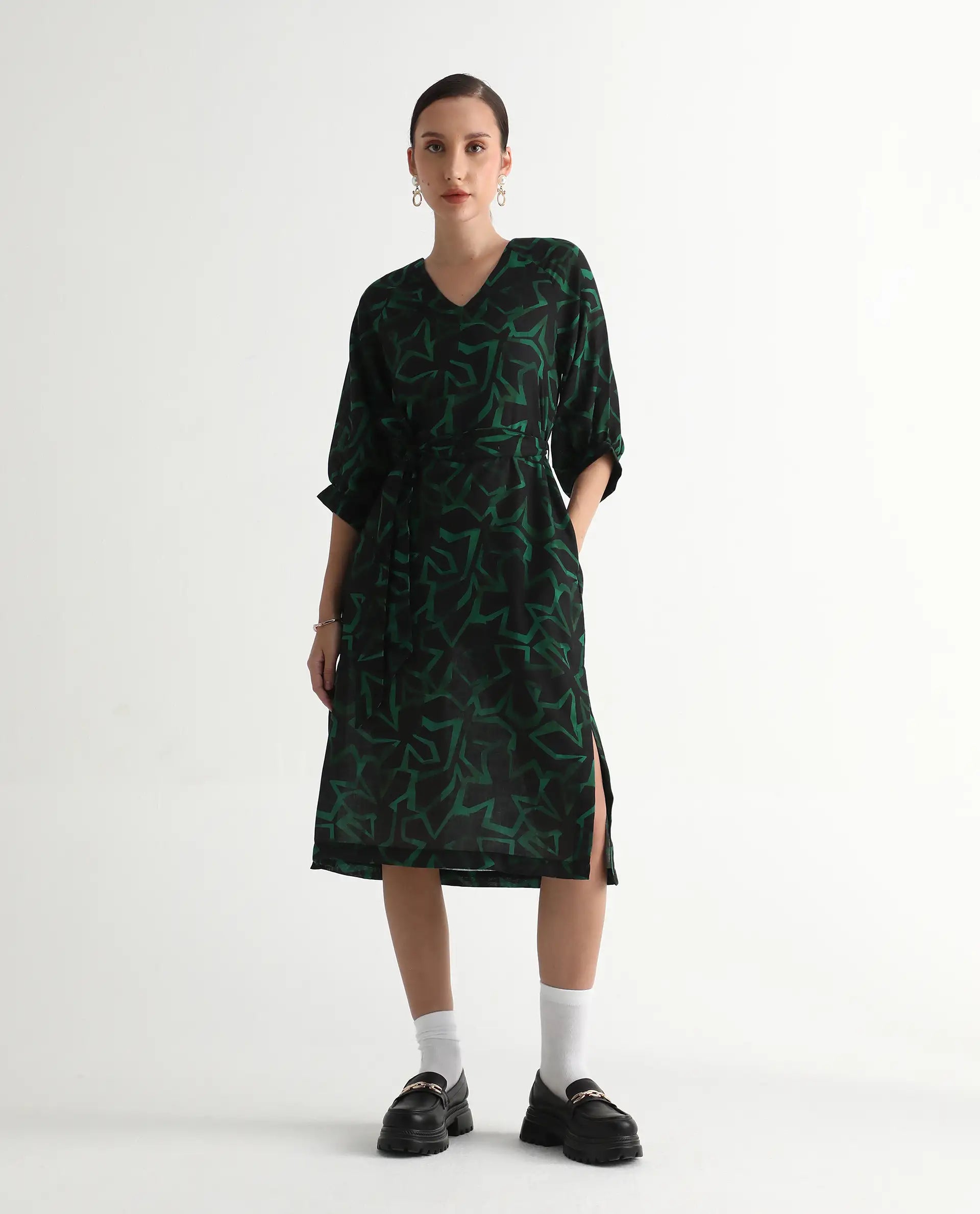 Rareism Women's Feray Dark Black Linen V-Neck Geometric Print Bishop Sleeve Midi A-Line Dress