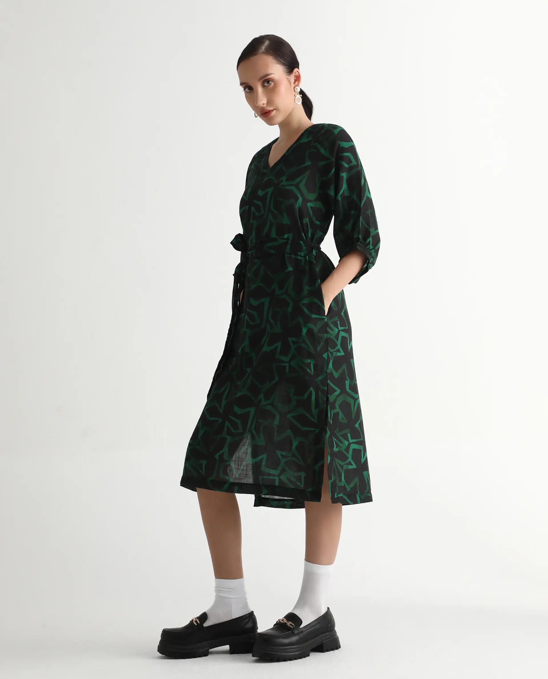 Rareism Women's Feray Dark Black Linen V-Neck Geometric Print Bishop Sleeve Midi A-Line Dress