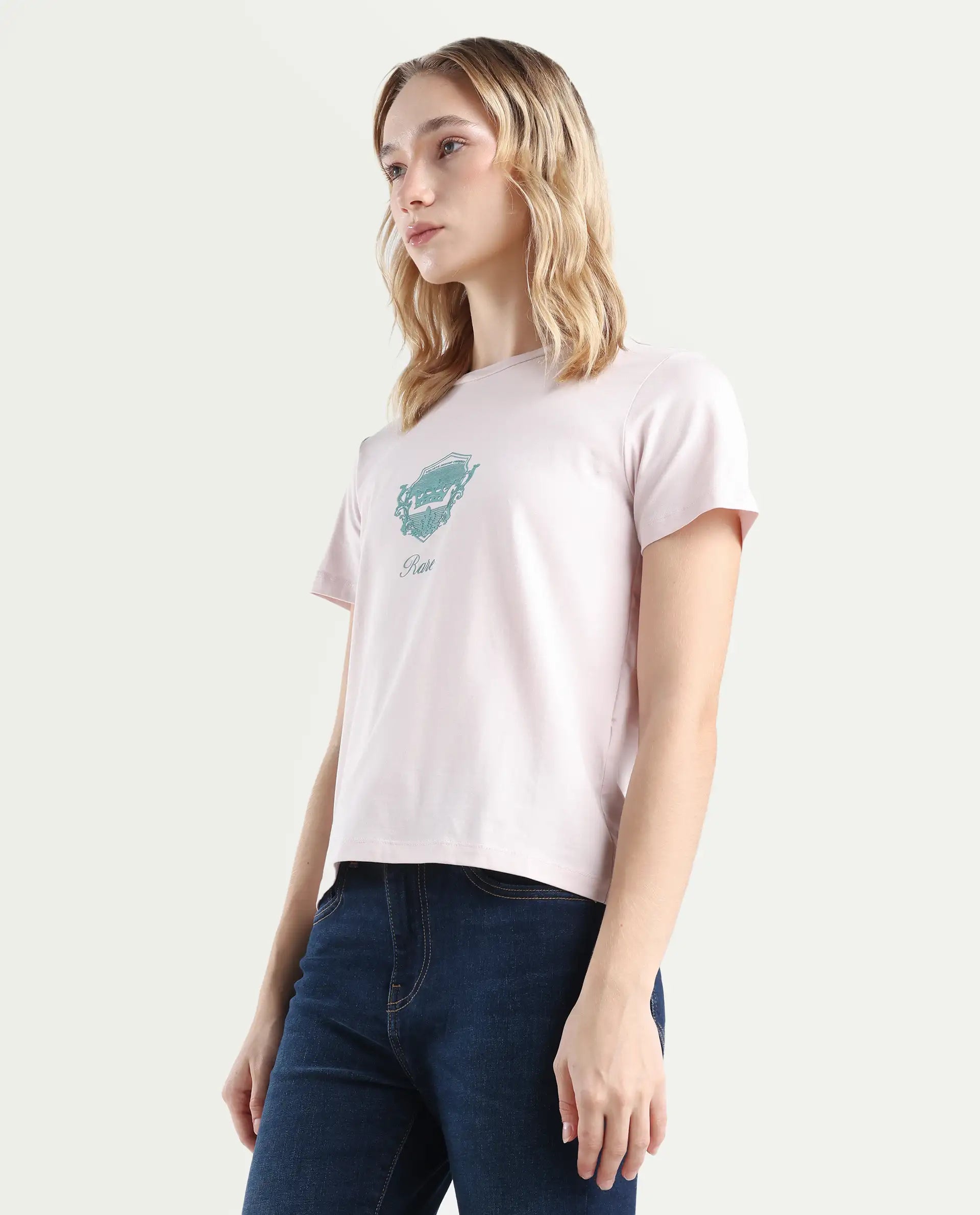 Rareism Women's Fila Pastel Pink Cotton Blend Crew Neck Graphic Print Regular Fit T-Shirt