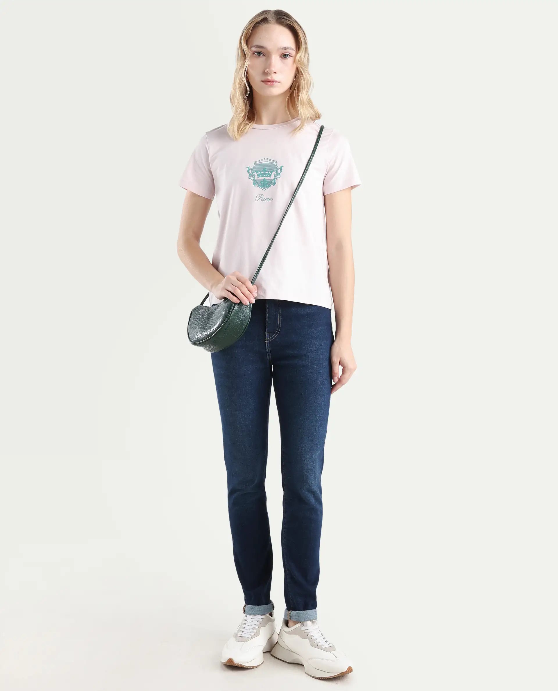 Rareism Women's Fila Pastel Pink Cotton Blend Crew Neck Graphic Print Regular Fit T-Shirt