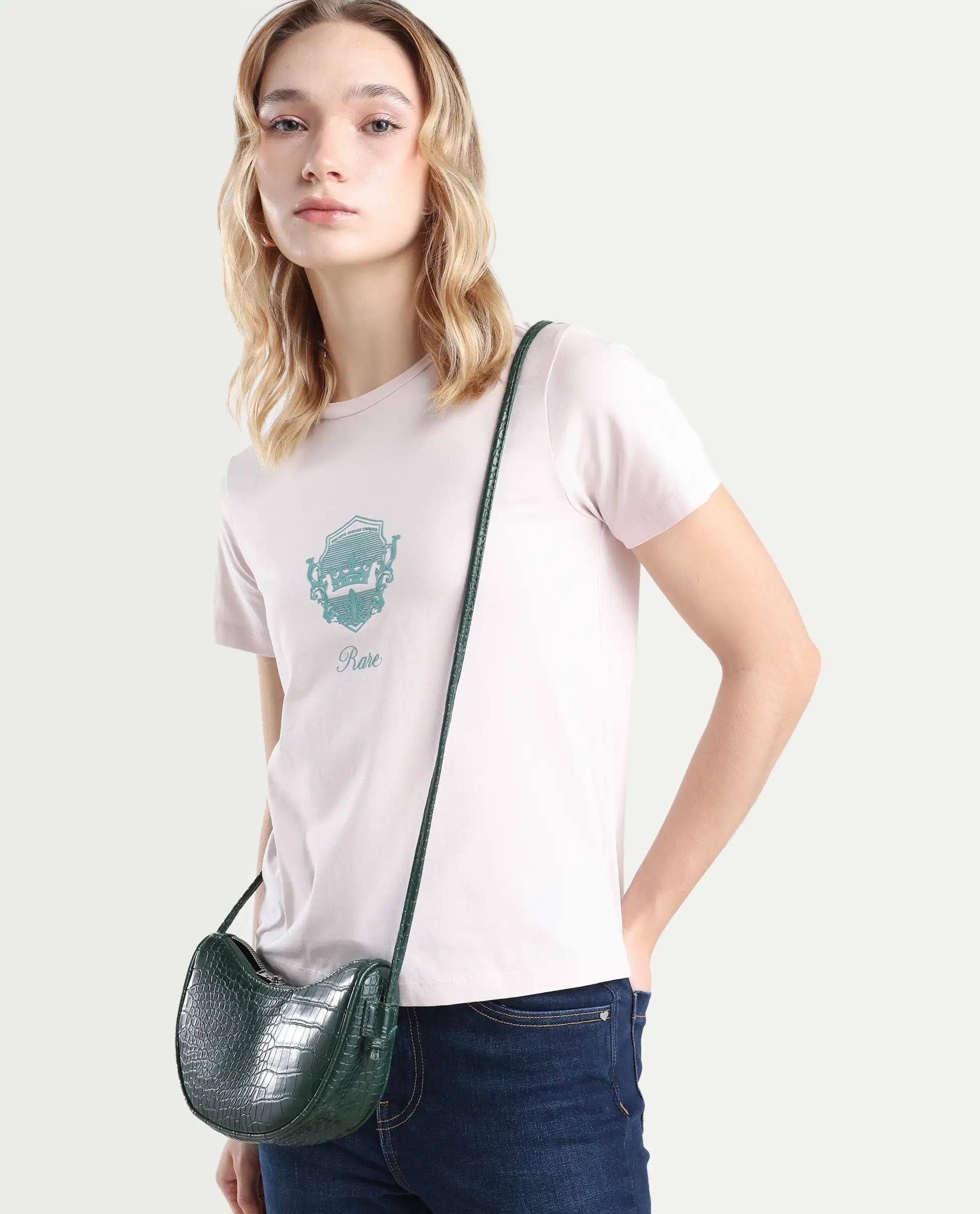 Rareism Women's Fila Pastel Pink Cotton Blend Crew Neck Graphic Print Regular Fit T-Shirt