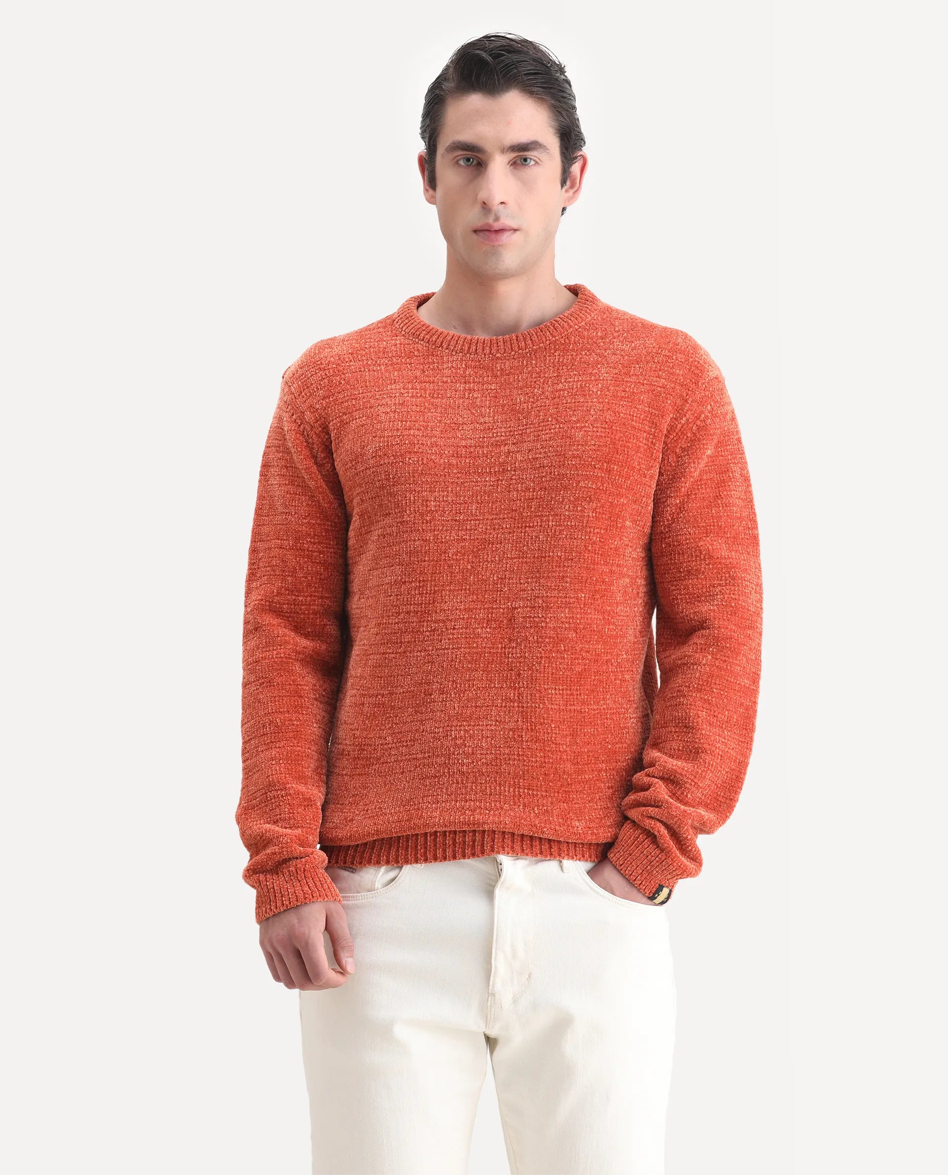 Rare Rabbit Men's Finkle Orange Cotton Textured Relaxed Fit Full Sleeve Crew Neck Sweater