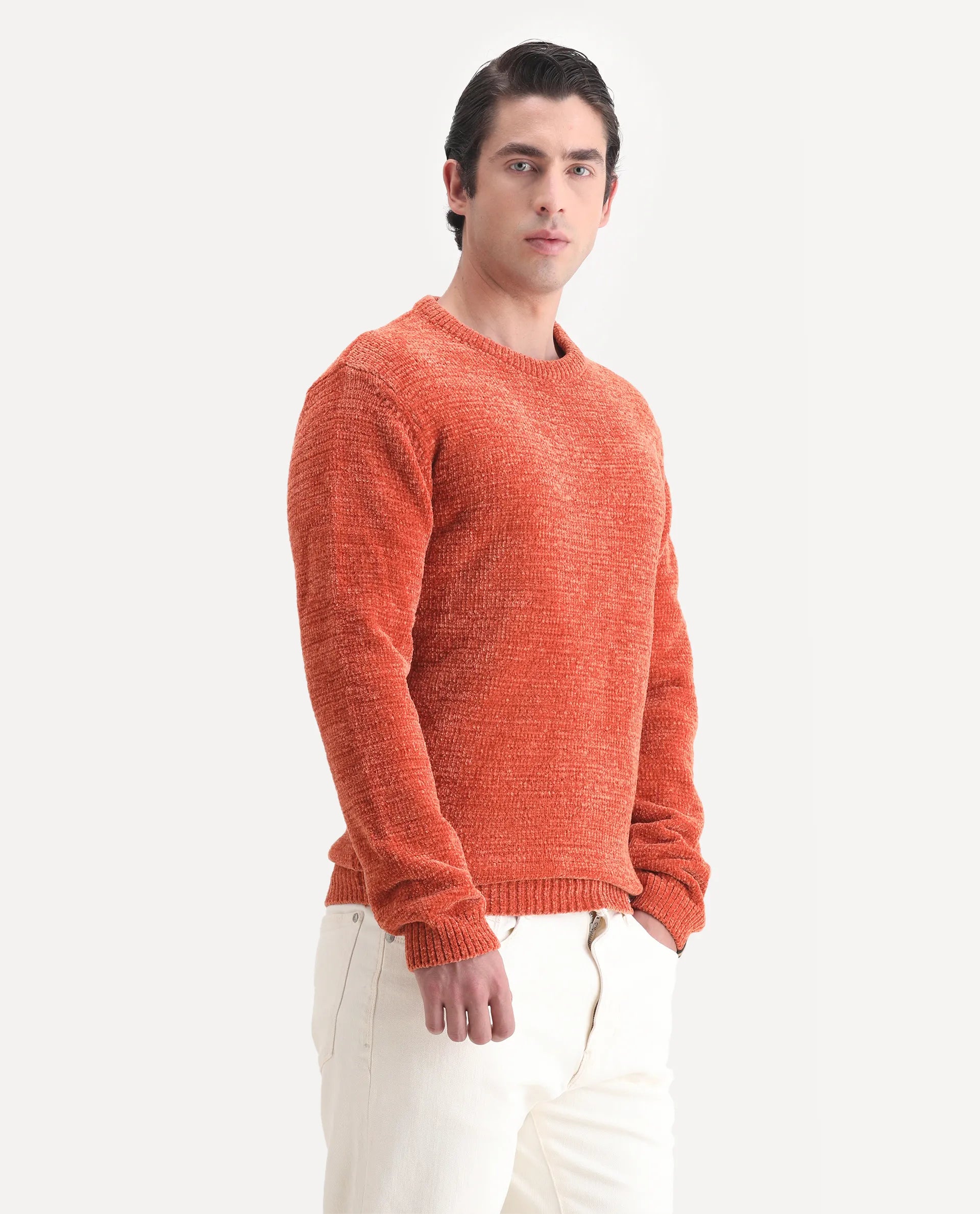 Rare Rabbit Men's Finkle Orange Cotton Textured Relaxed Fit Full Sleeve Crew Neck Sweater