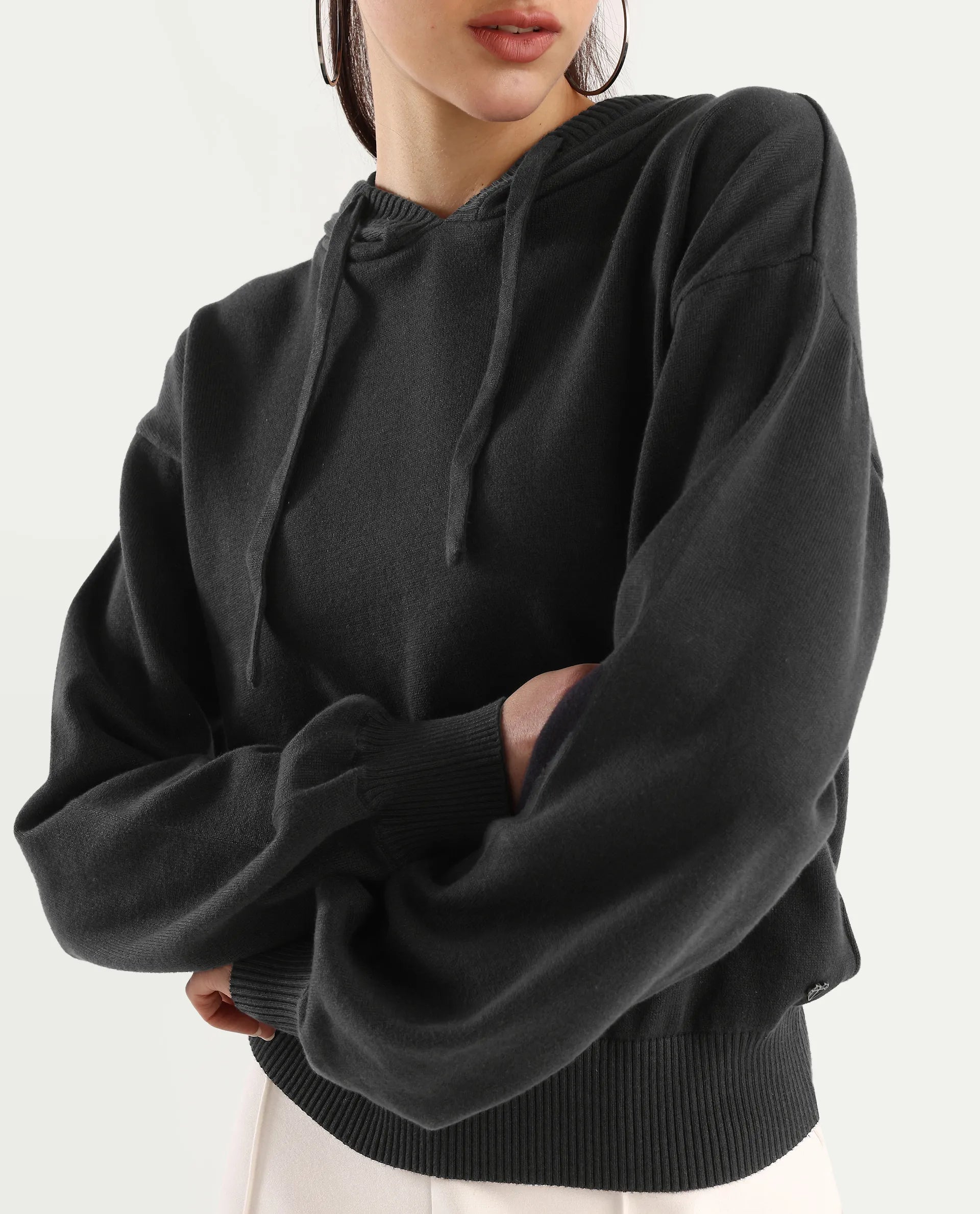 Rareism Women's Finnet T Black Knit Hooded Plain Relaxed Fit Sweater