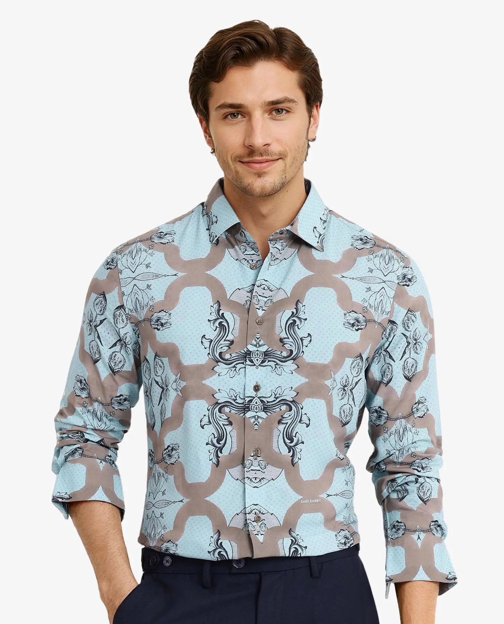 Rare Rabbit Men Firce Dusky Turq Cotton Fabric Full Sleeve Decorative Print Regular Fit Shirt