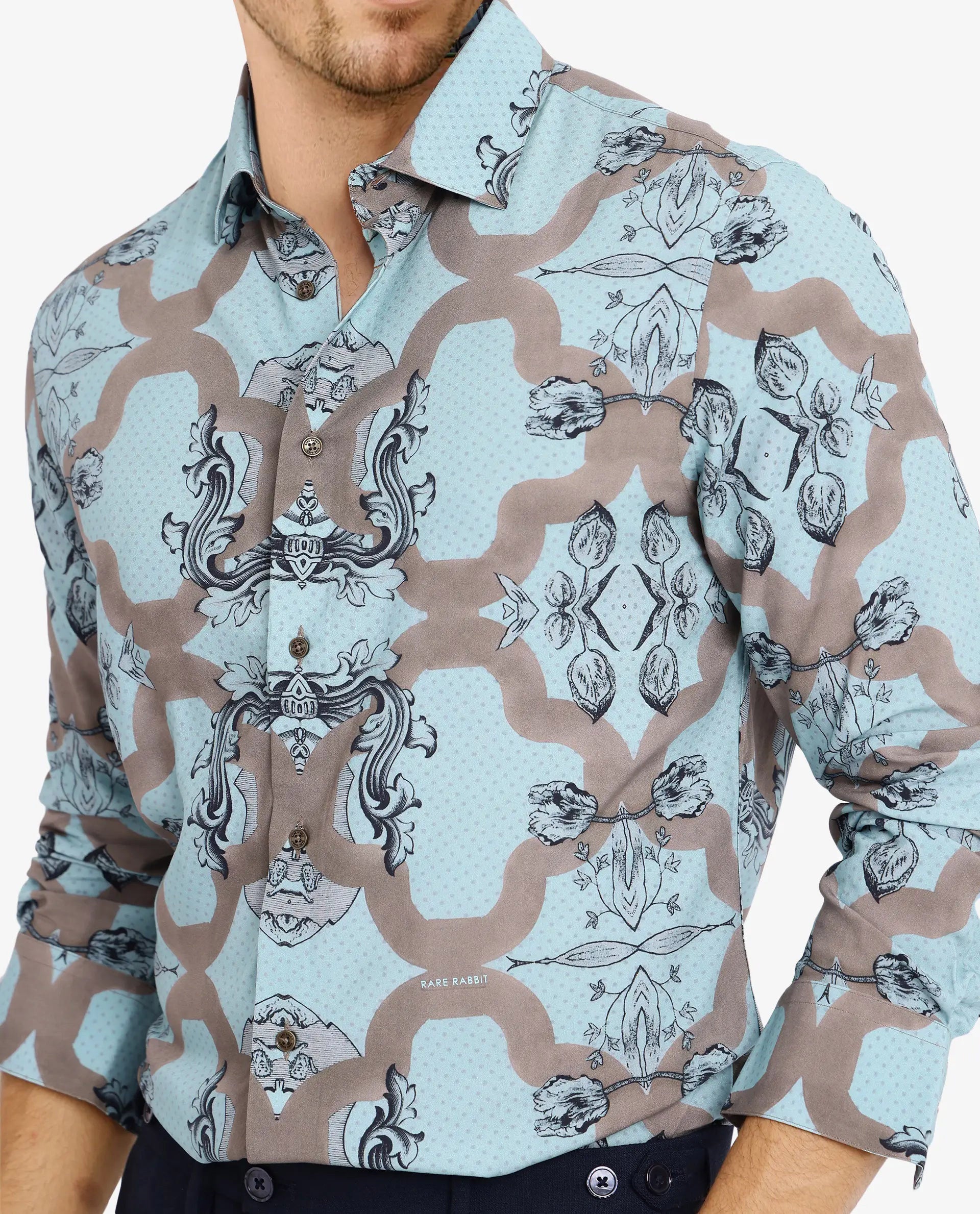 Rare Rabbit Men Firce Dusky Turq Cotton Fabric Full Sleeve Decorative Print Regular Fit Shirt