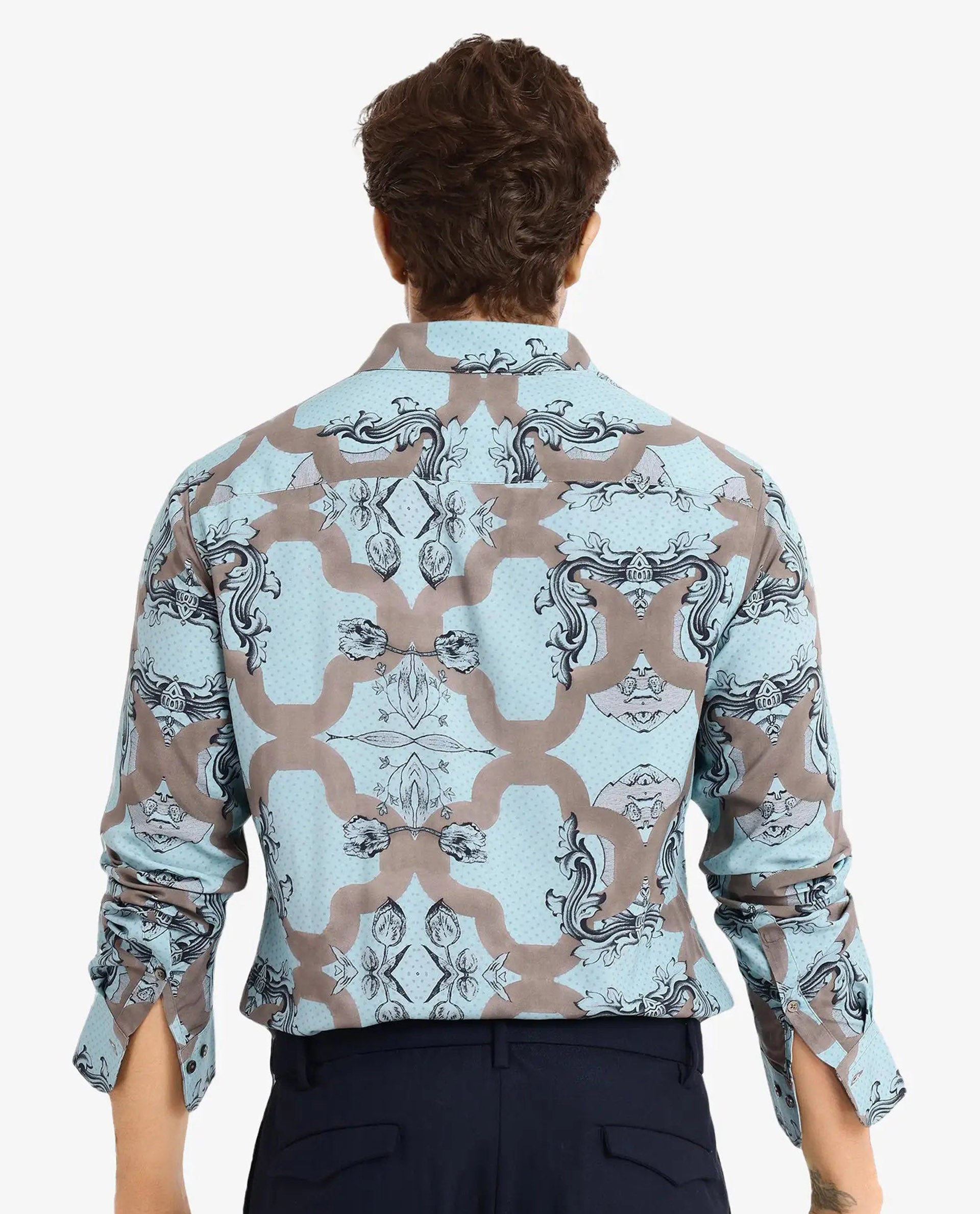 Rare Rabbit Men Firce Dusky Turq Cotton Fabric Full Sleeve Decorative Print Regular Fit Shirt