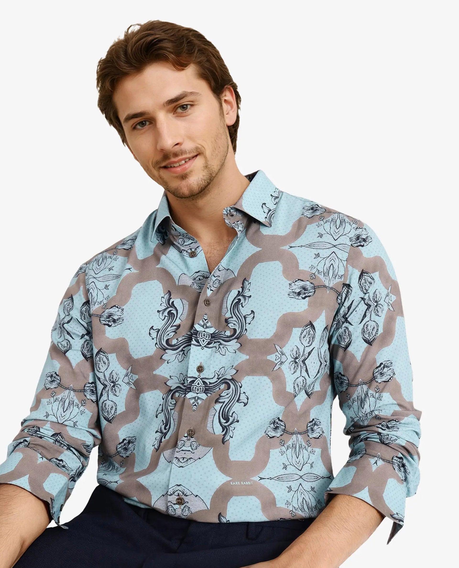 Rare Rabbit Men Firce Dusky Turq Cotton Fabric Full Sleeve Decorative Print Regular Fit Shirt