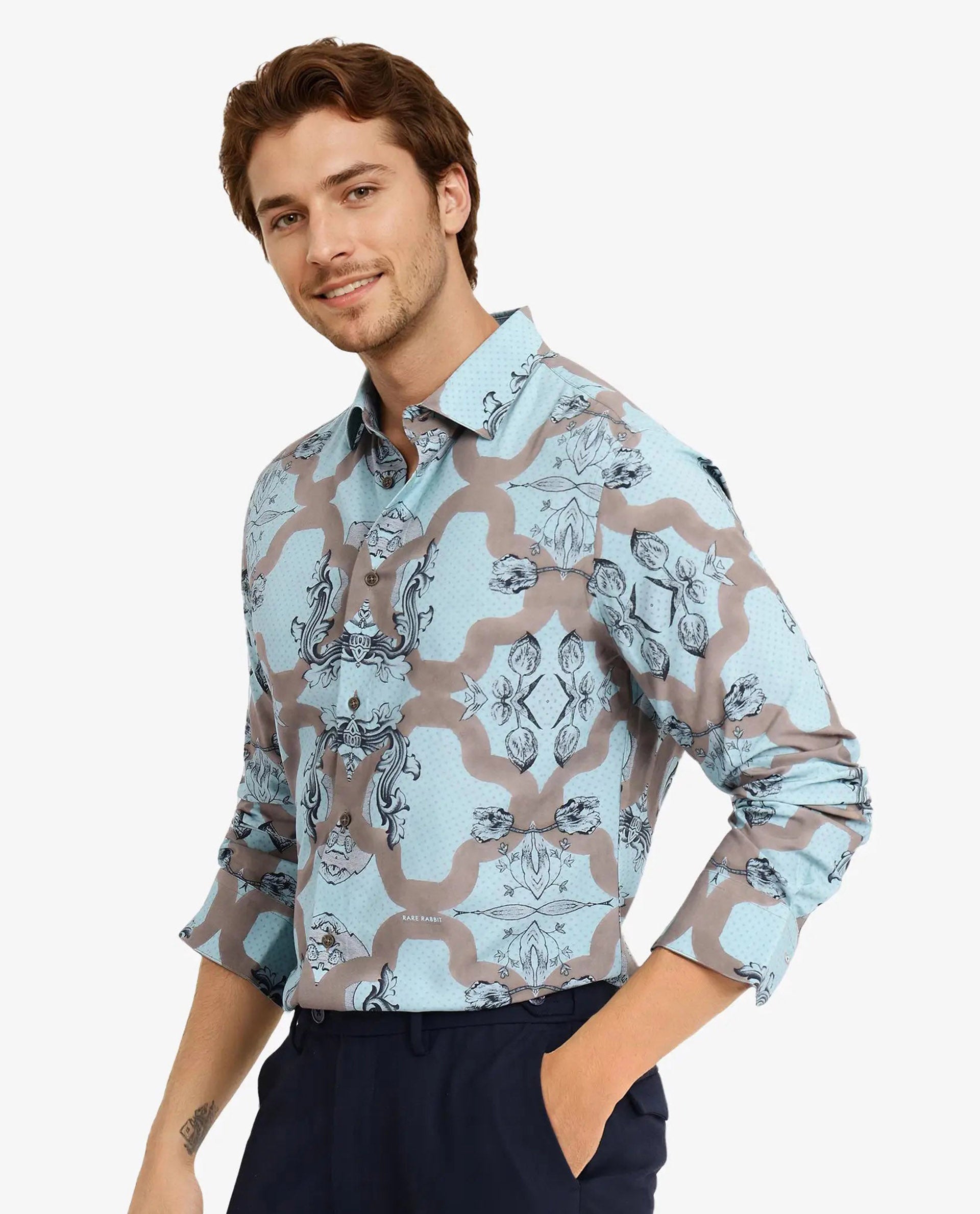 Rare Rabbit Men Firce Dusky Turq Cotton Fabric Full Sleeve Decorative Print Regular Fit Shirt