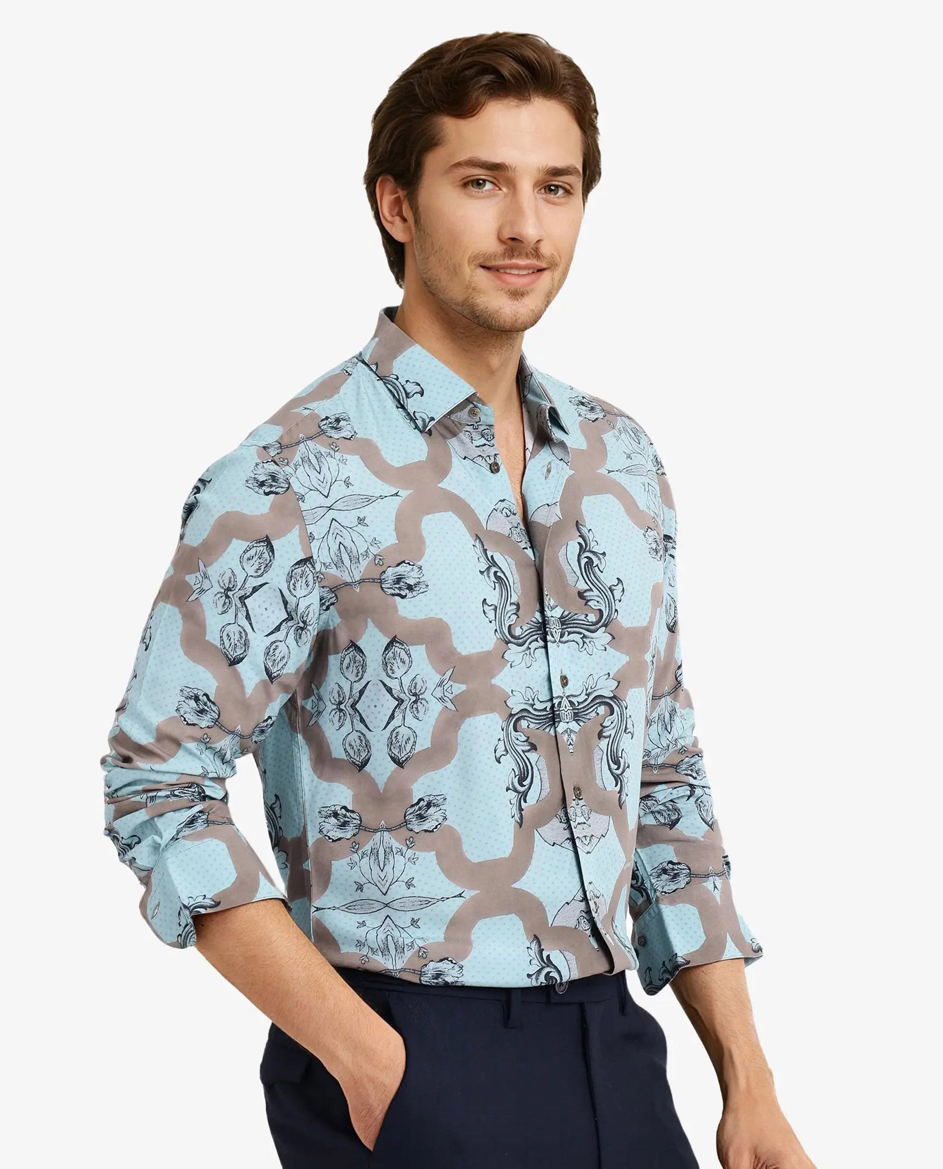 Rare Rabbit Men Firce Dusky Turq Cotton Fabric Full Sleeve Decorative Print Regular Fit Shirt