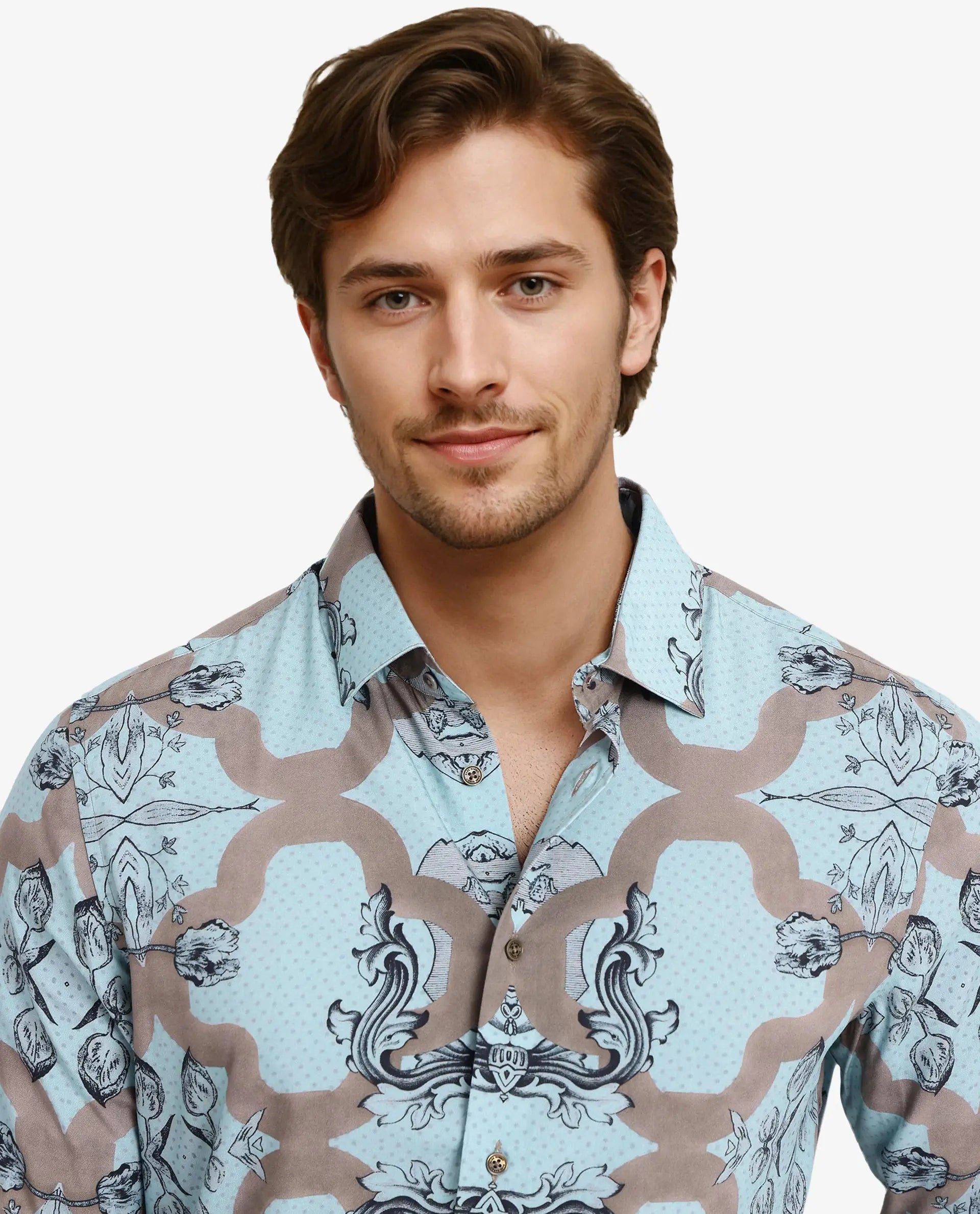 Rare Rabbit Men Firce Dusky Turq Cotton Fabric Full Sleeve Decorative Print Regular Fit Shirt