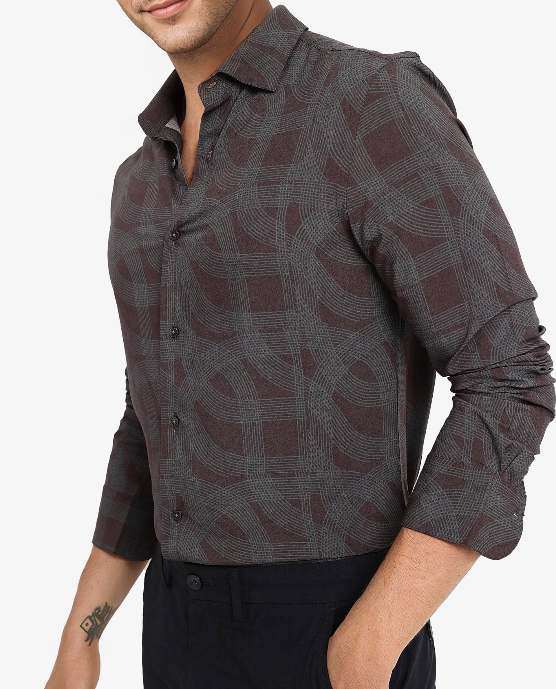 Rare Rabbit Men Fiskur Dark Brown Full Sleeve Button Closure Regular Fit Geometric Print Shirt