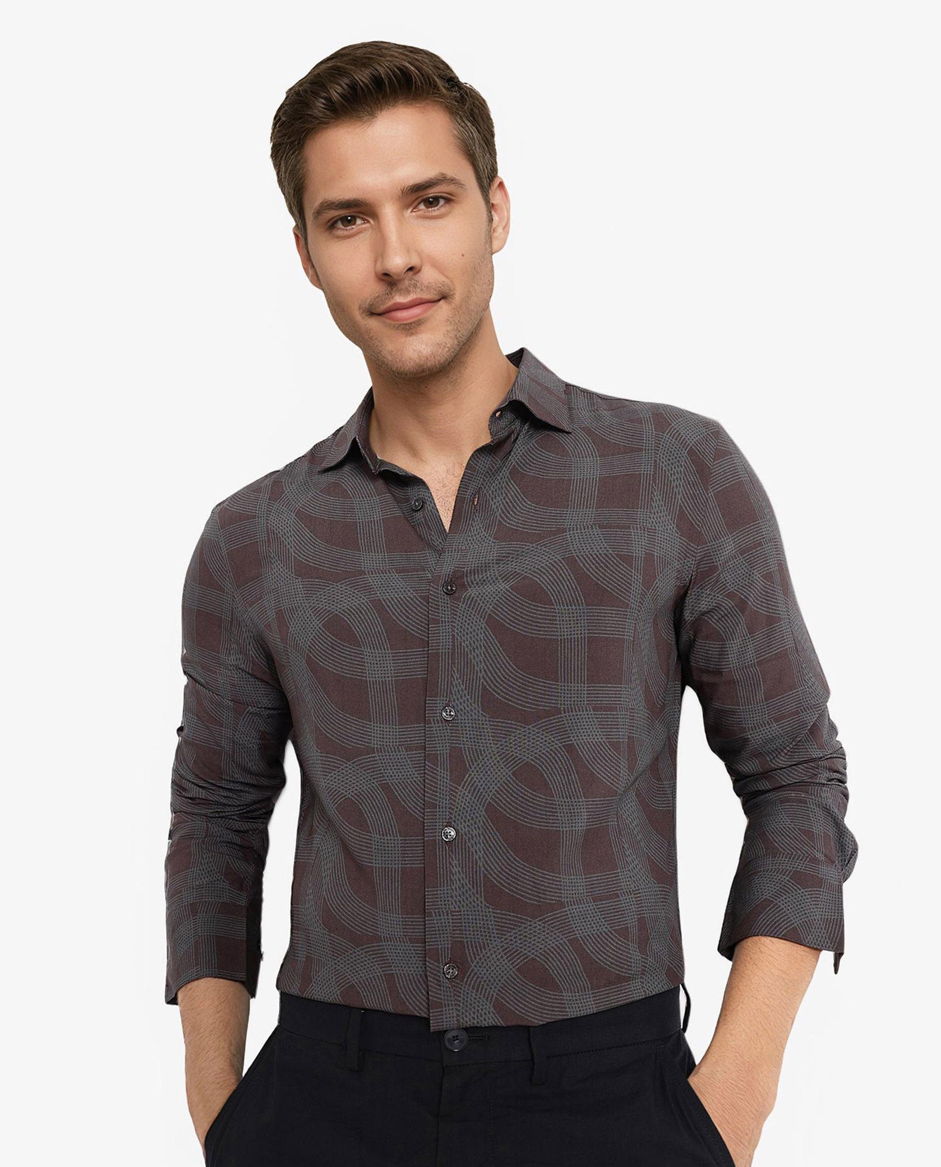 Rare Rabbit Men Fiskur Dark Brown Full Sleeve Button Closure Regular Fit Geometric Print Shirt