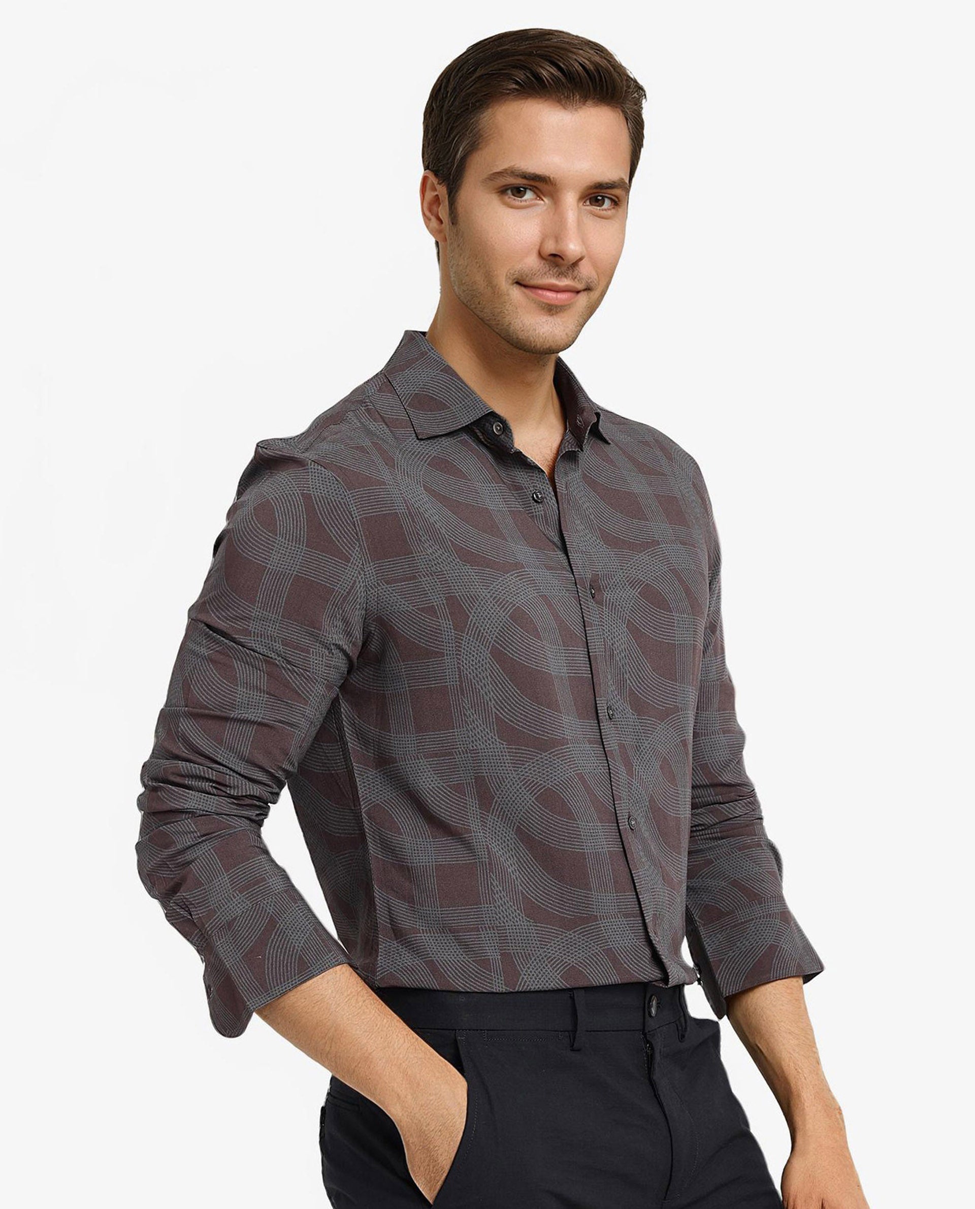 Rare Rabbit Men Fiskur Dark Brown Full Sleeve Button Closure Regular Fit Geometric Print Shirt