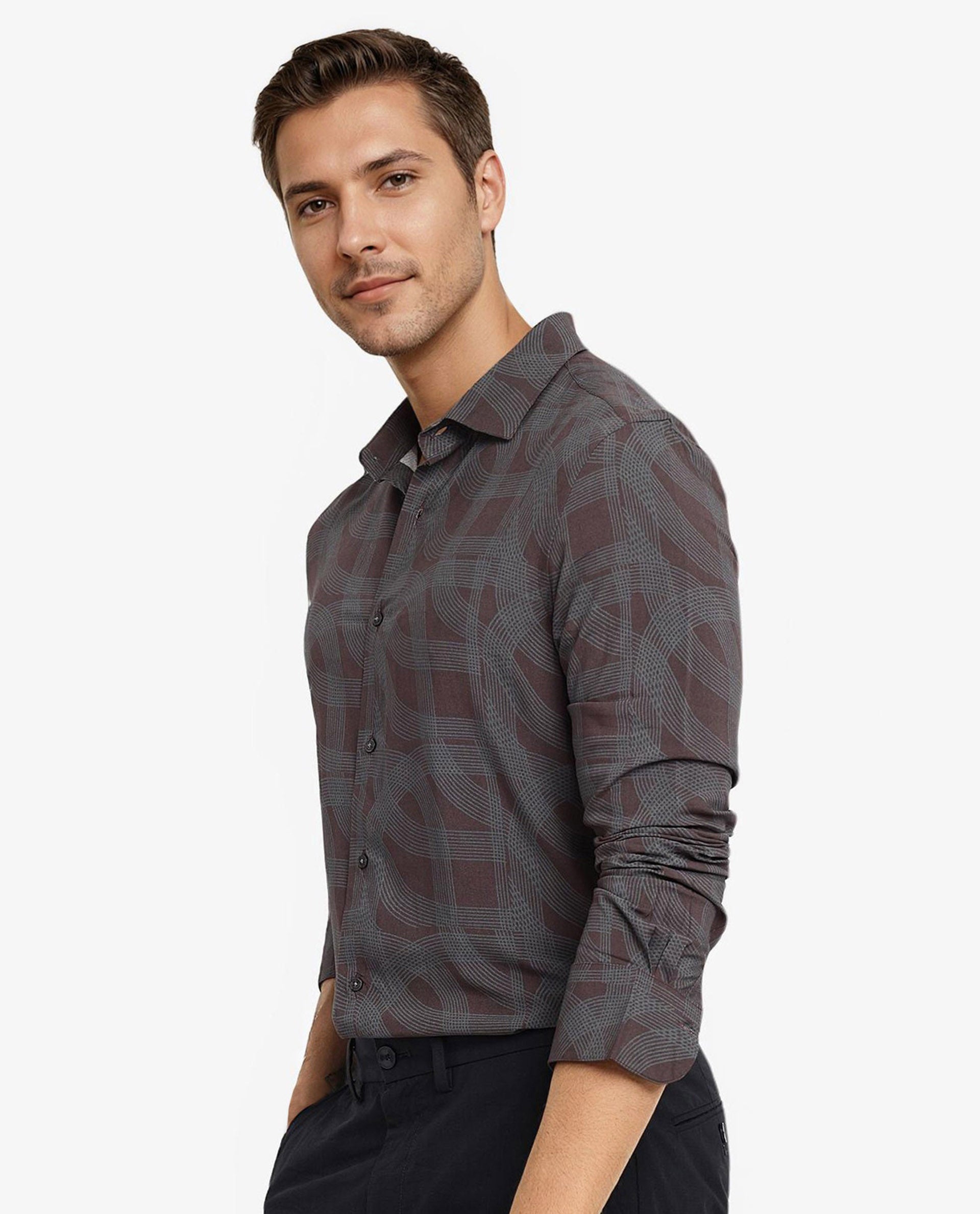 Rare Rabbit Men Fiskur Dark Brown Full Sleeve Button Closure Regular Fit Geometric Print Shirt