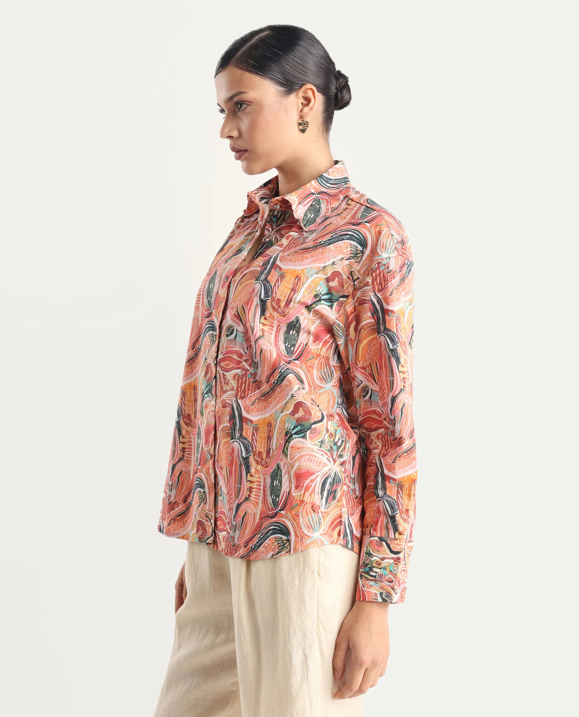 Rareism Women's Fitte Multi Cotton Drop Collar Abstract Print Cuffed Sleeve Regular Fit Shirt