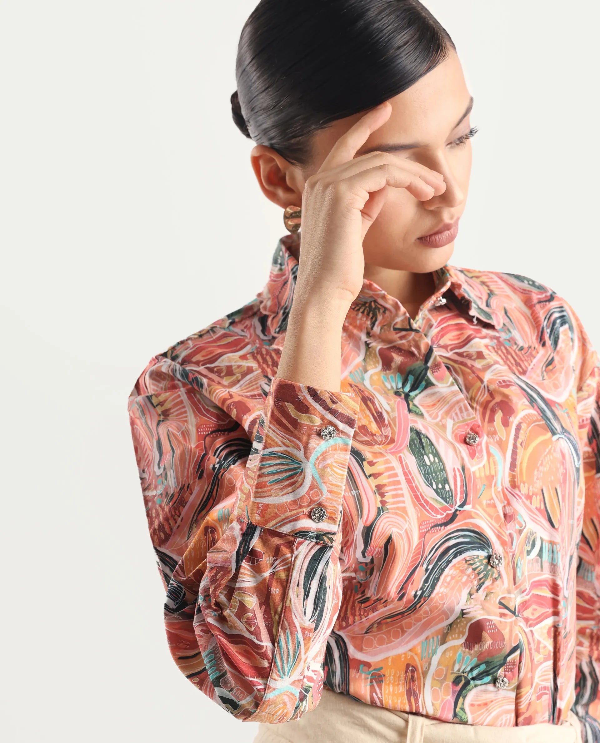 Rareism Women's Fitte Multi Cotton Drop Collar Abstract Print Cuffed Sleeve Regular Fit Shirt
