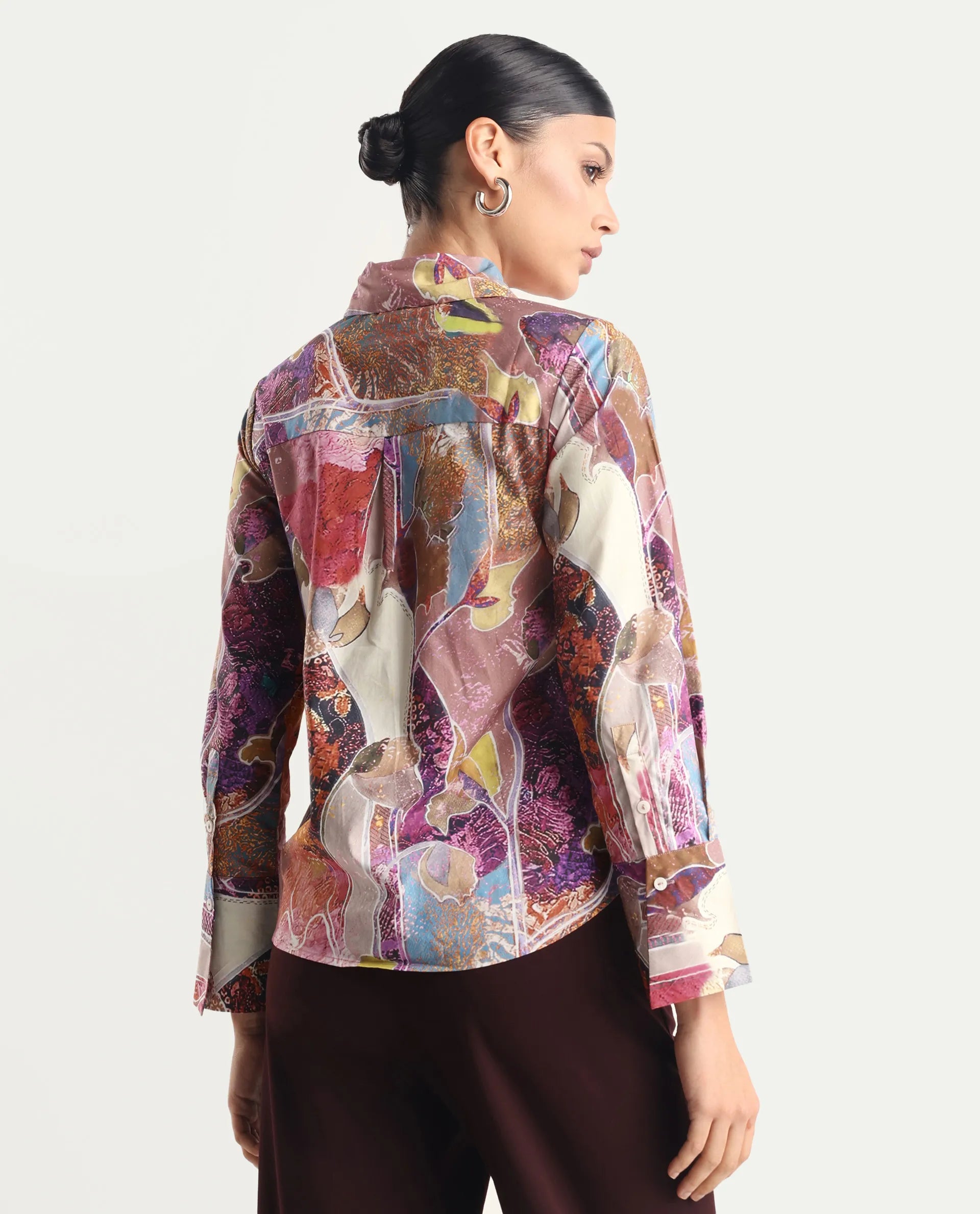 Rareism Women's Fittop Multi Cotton Spread Collar Abstract Print Cuffed Sleeve Regular Fit Top