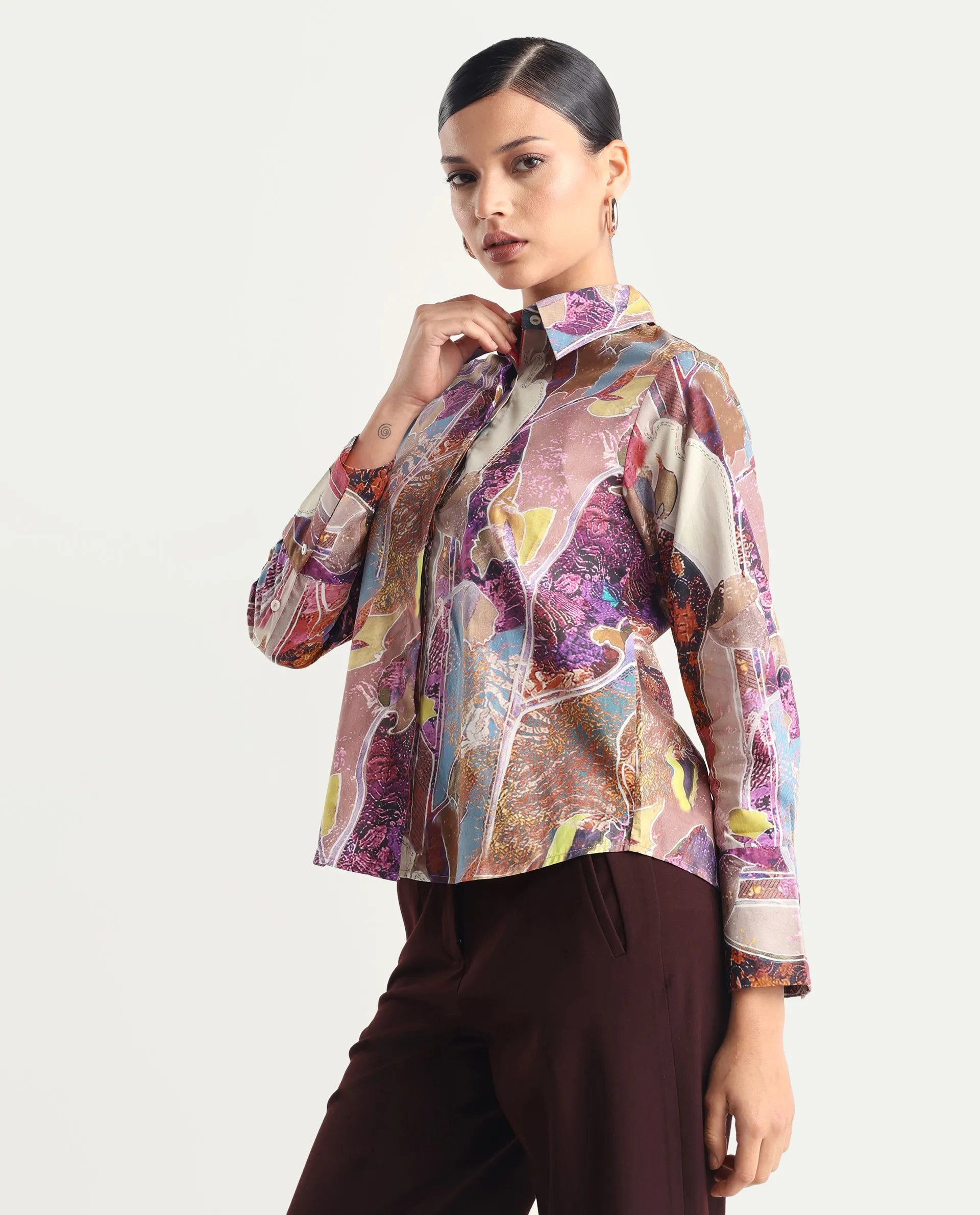 Rareism Women's Fittop Multi Cotton Spread Collar Abstract Print Cuffed Sleeve Regular Fit Top