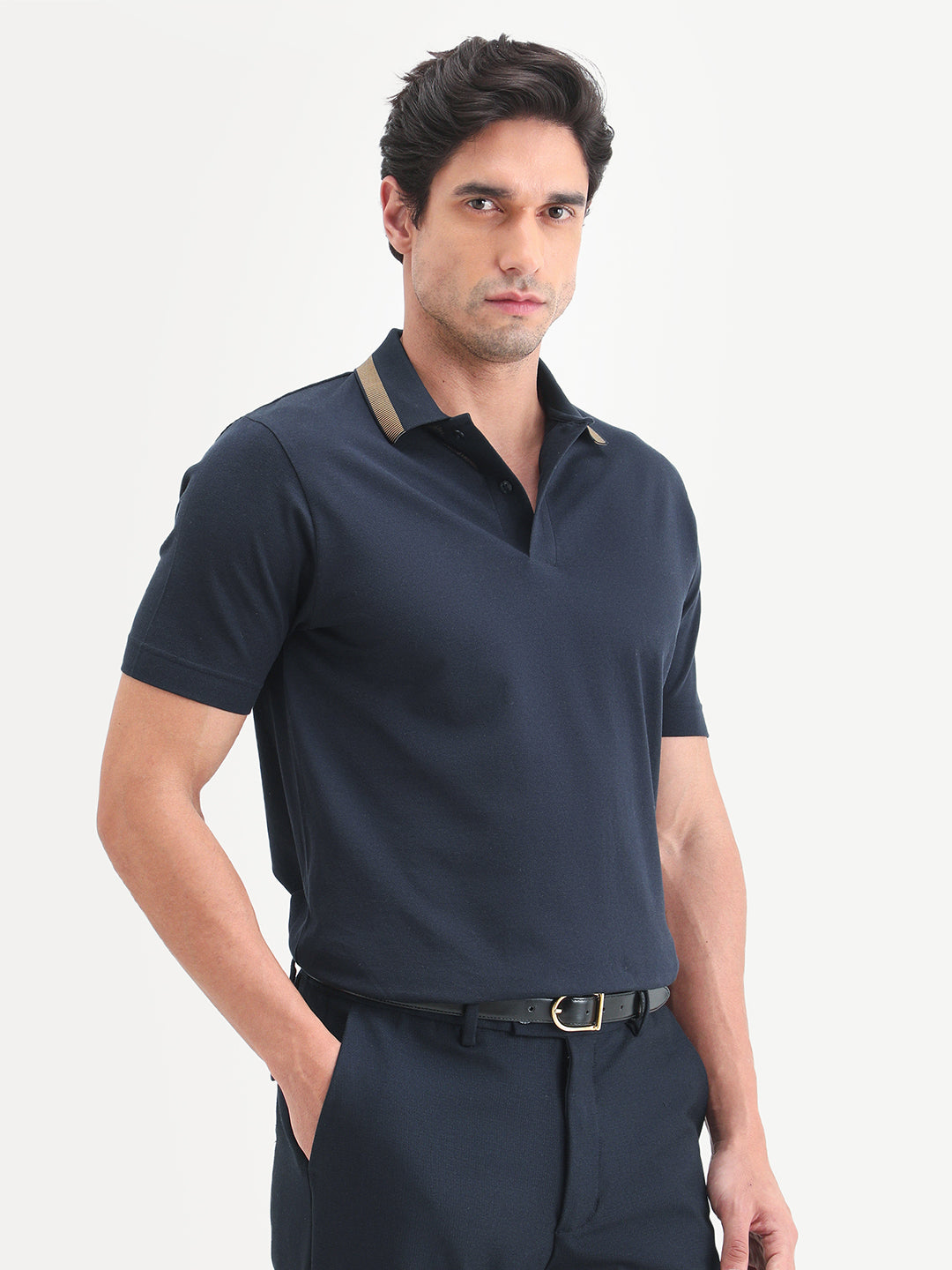 Rare Rabbit Men's Flint Dark Navy Cotton Fabric Half Sleeve Spread Collar Regular Fit Plain Polo