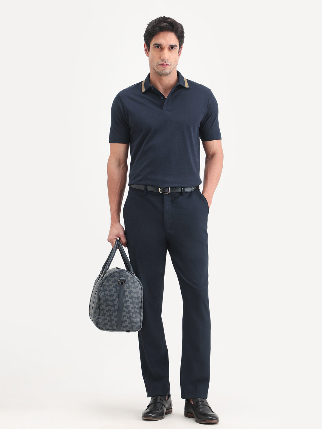 Rare Rabbit Men's Flint Dark Navy Cotton Fabric Half Sleeve Spread Collar Regular Fit Plain Polo