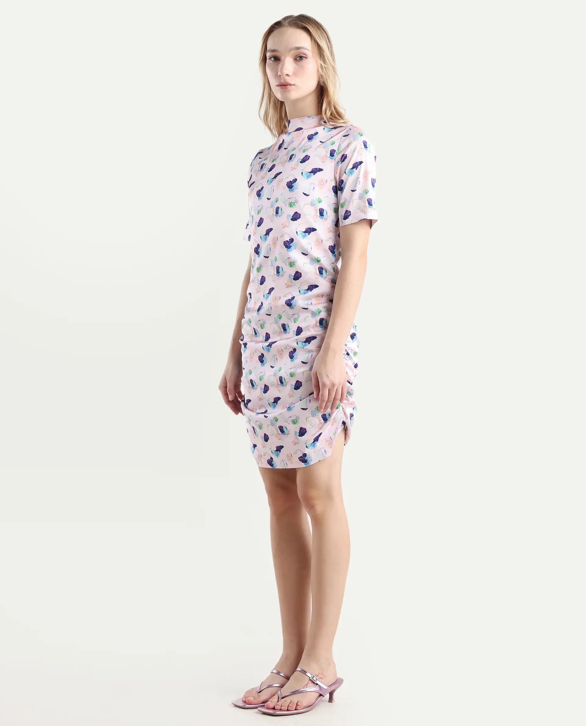 Rareism Women's Flirty Pink Modal High Neck Abstract Print Knee Length Regular Fit Dress