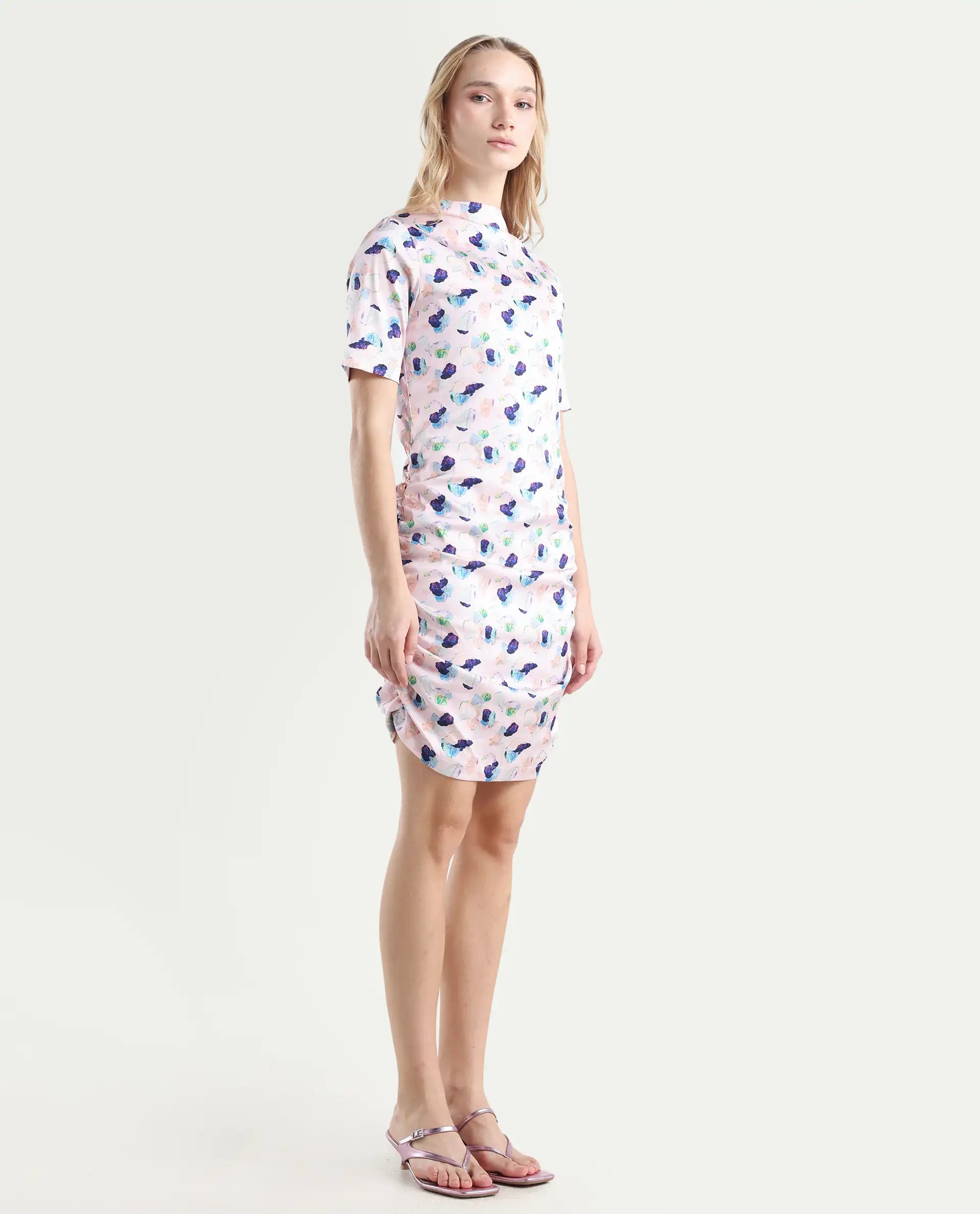 Rareism Women's Flirty Pink Modal High Neck Abstract Print Knee Length Regular Fit Dress