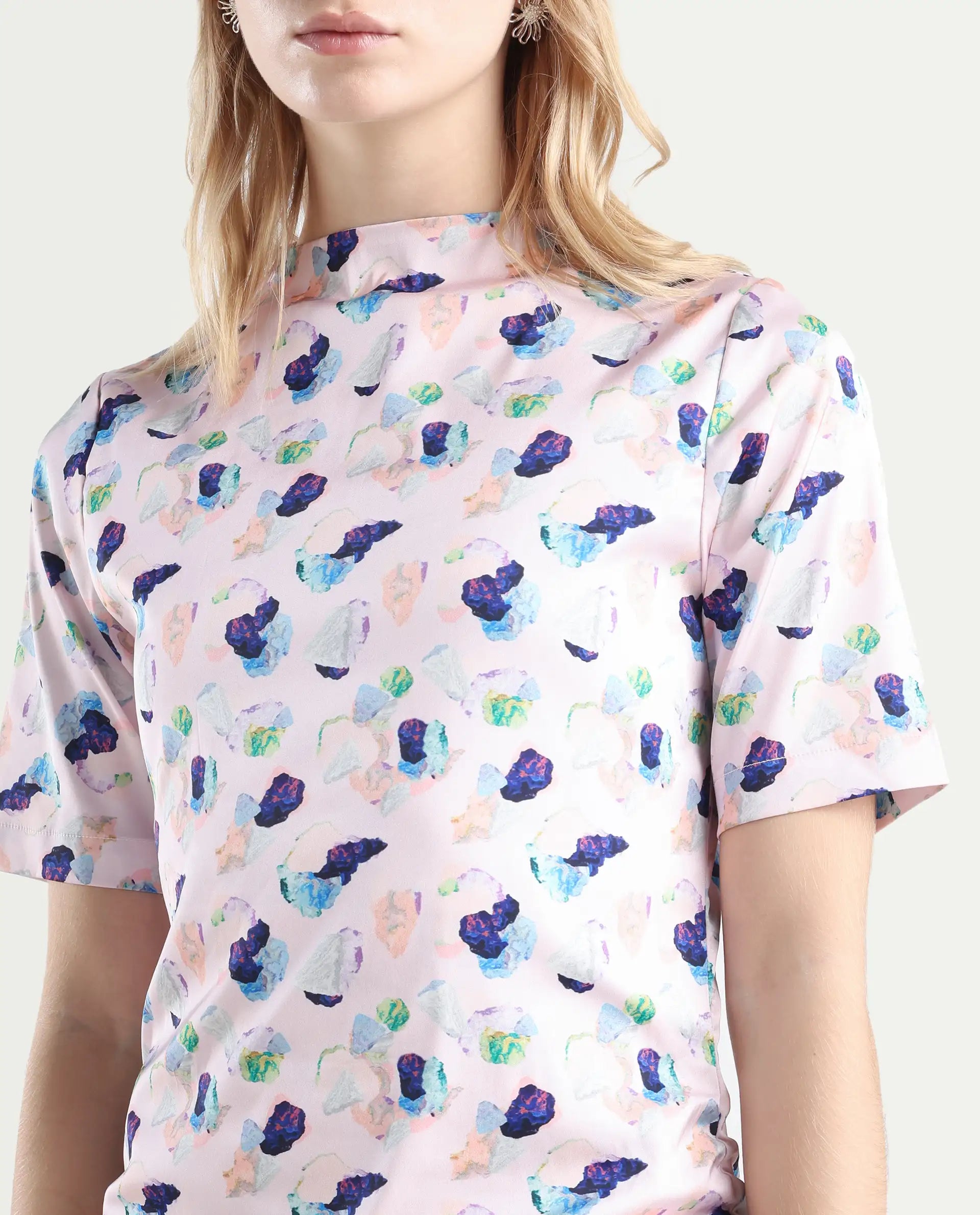 Rareism Women's Flirty Pink Modal High Neck Abstract Print Knee Length Regular Fit Dress