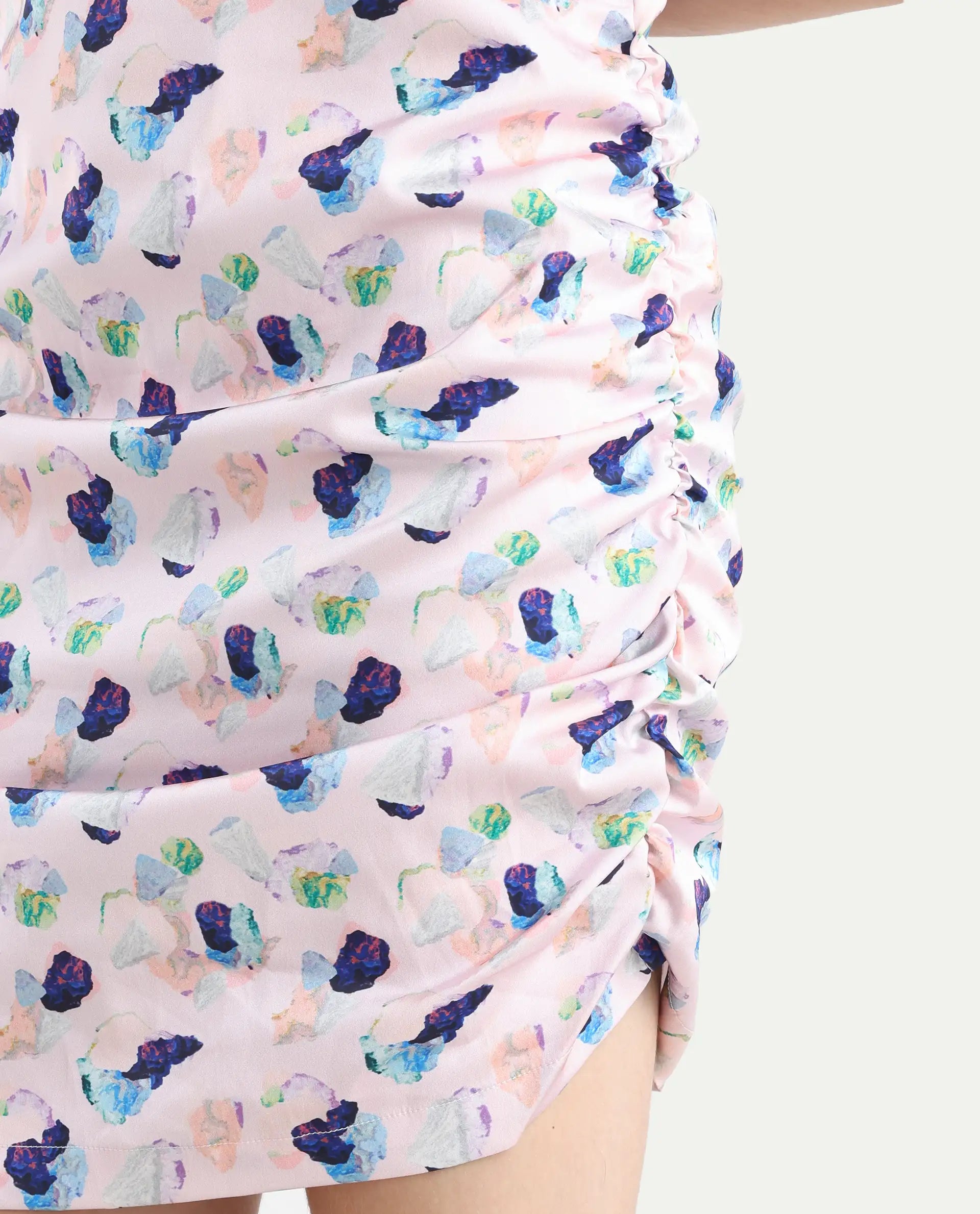 Rareism Women's Flirty Pink Modal High Neck Abstract Print Knee Length Regular Fit Dress