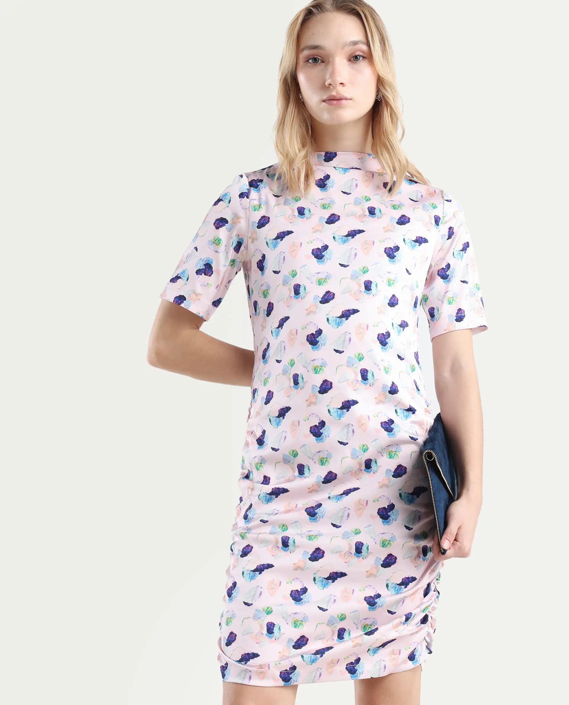 Rareism Women's Flirty Pink Modal High Neck Abstract Print Knee Length Regular Fit Dress