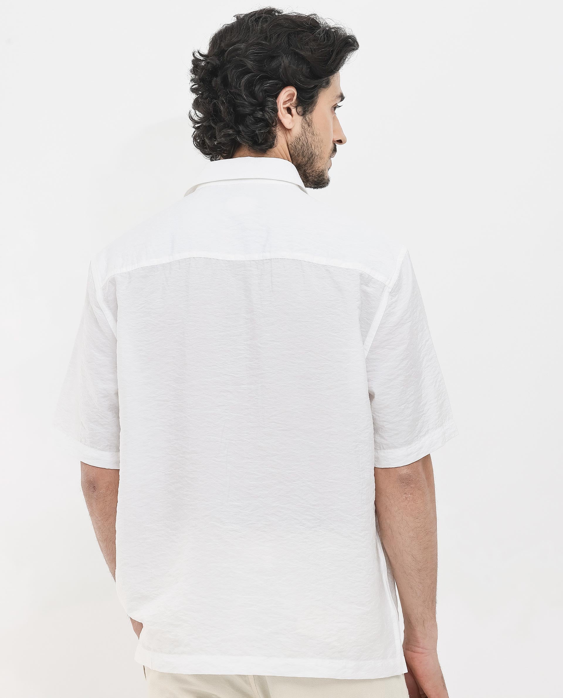 Rare Rabbit Men's Flo White Viscose Fabric Half Sleeves Boxy Fit Creased Effect Solid Shirt