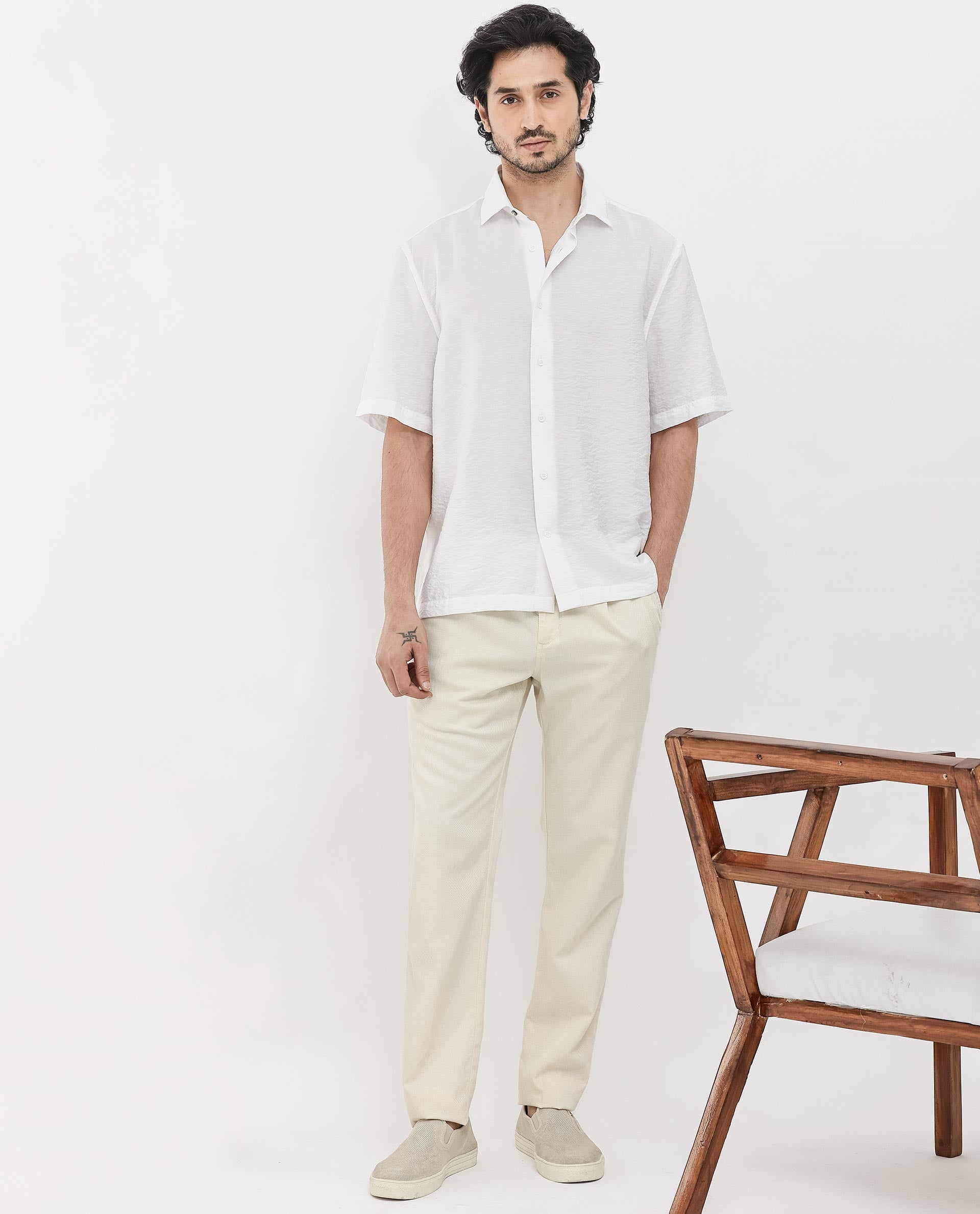 Rare Rabbit Men's Flo White Viscose Fabric Half Sleeves Boxy Fit Creased Effect Solid Shirt