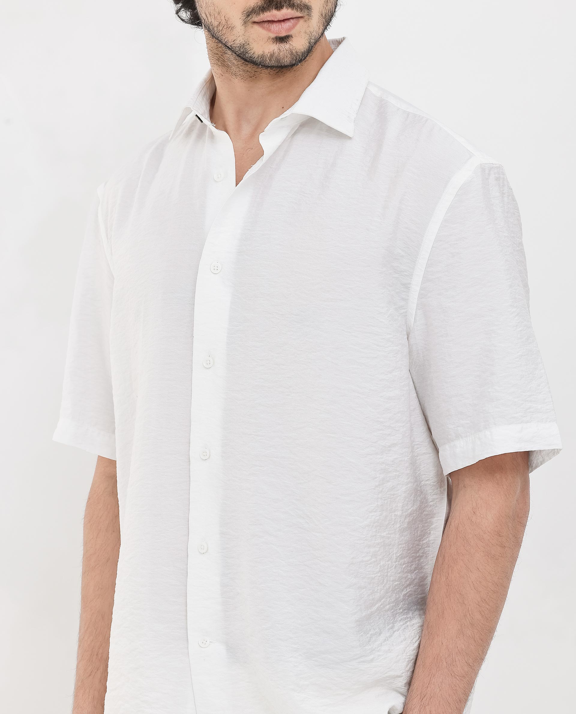 Rare Rabbit Men's Flo White Viscose Fabric Half Sleeves Boxy Fit Creased Effect Solid Shirt