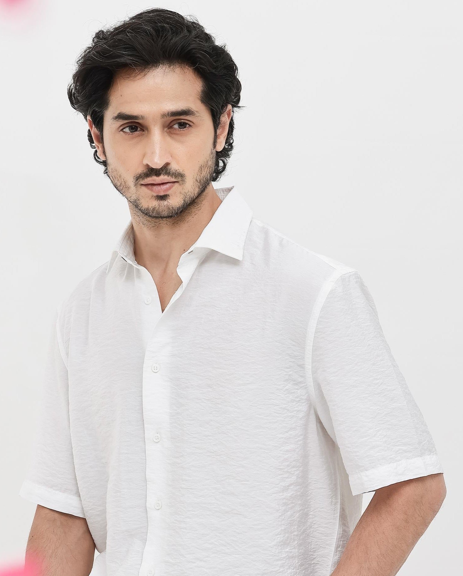 Rare Rabbit Men's Flo White Viscose Fabric Half Sleeves Boxy Fit Creased Effect Solid Shirt