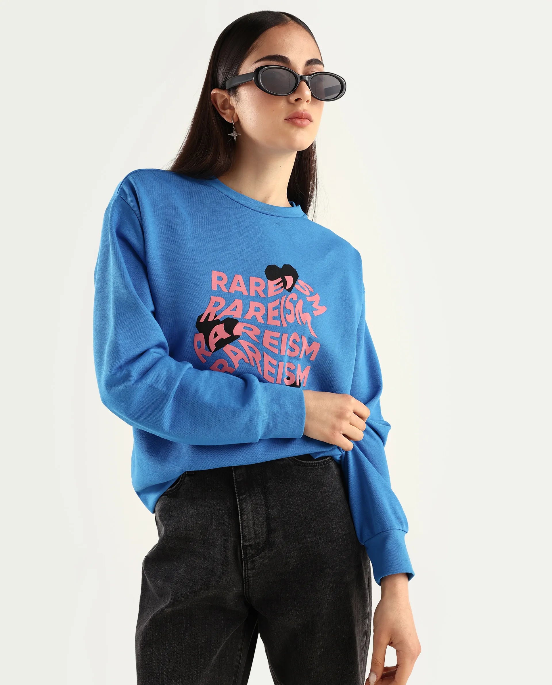 Rareism Women's Flowe Blue Cotton Blend Crew Neck Graphic Print Regular Fit Sweatshirt