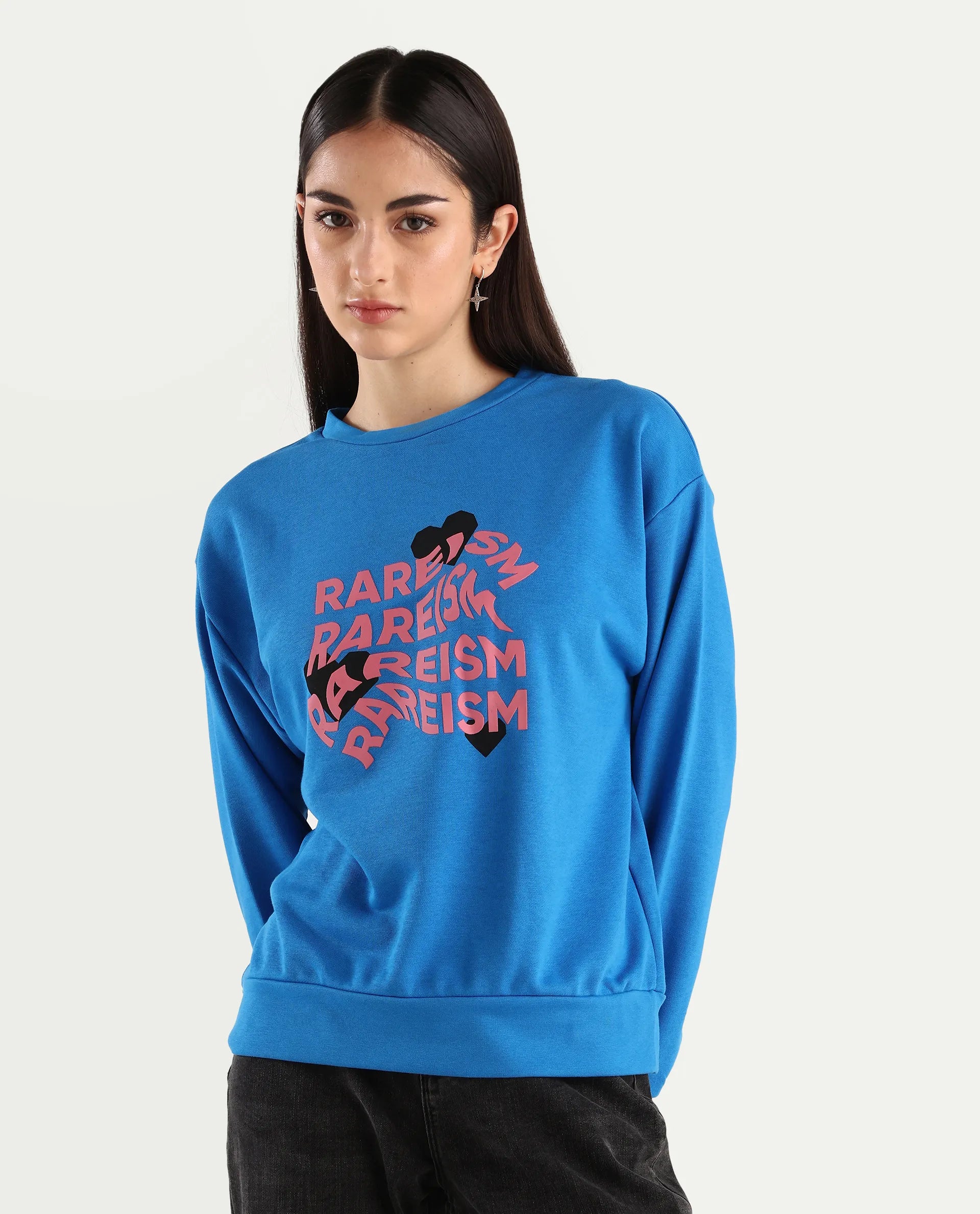 Rareism Women's Flowe Blue Cotton Blend Crew Neck Graphic Print Regular Fit Sweatshirt