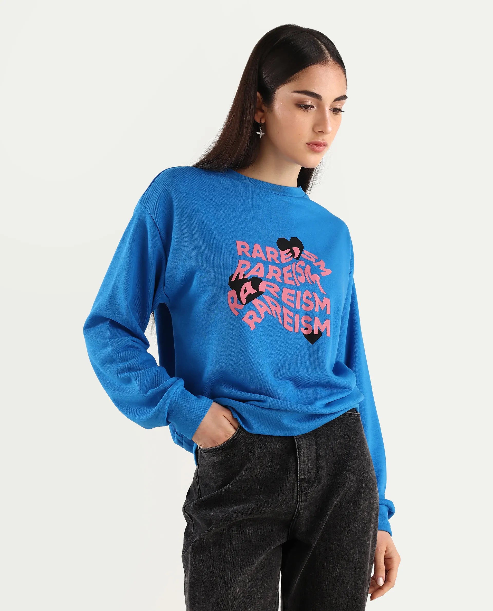 Rareism Women's Flowe Blue Cotton Blend Crew Neck Graphic Print Regular Fit Sweatshirt