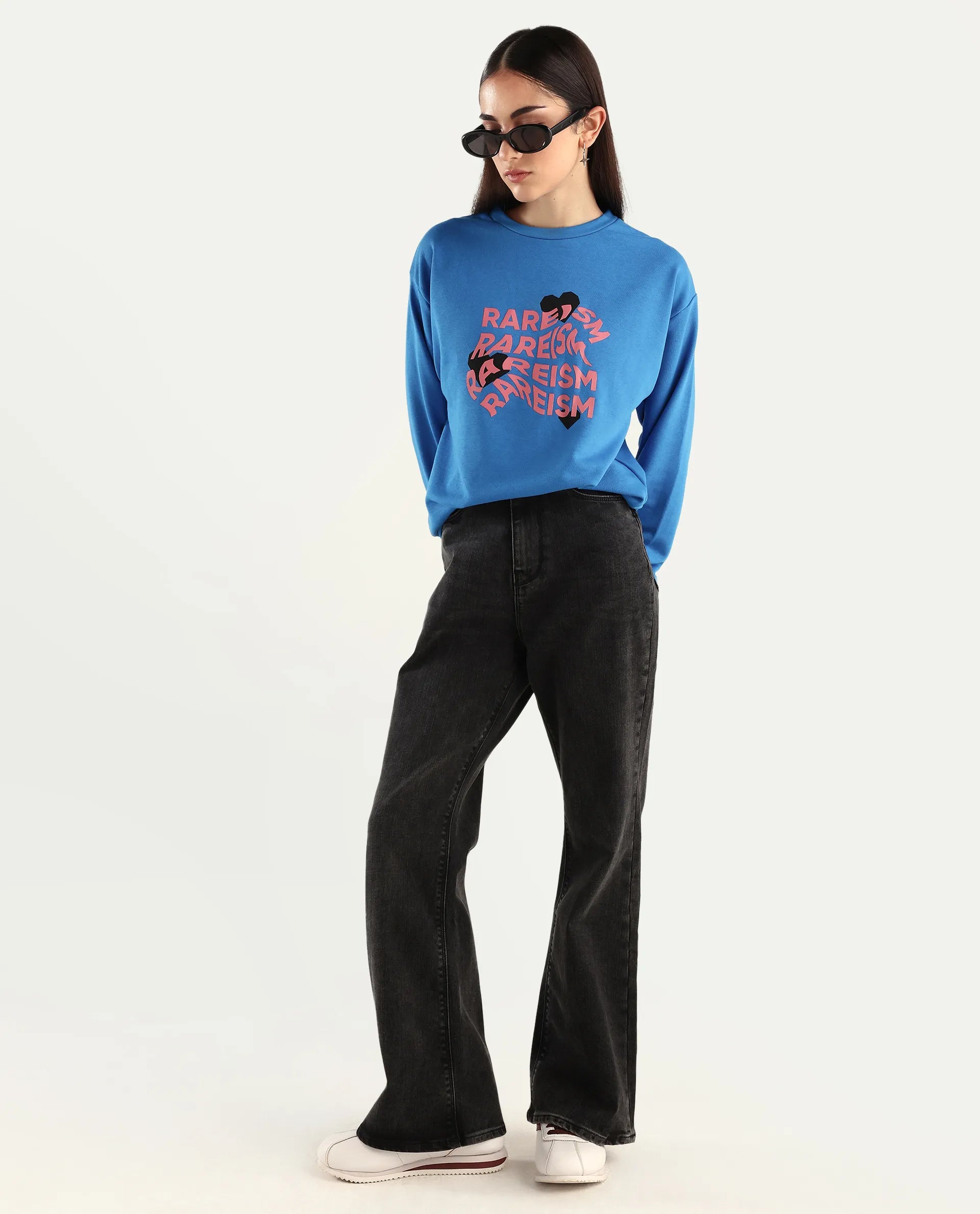 Rareism Women's Flowe Blue Cotton Blend Crew Neck Graphic Print Regular Fit Sweatshirt