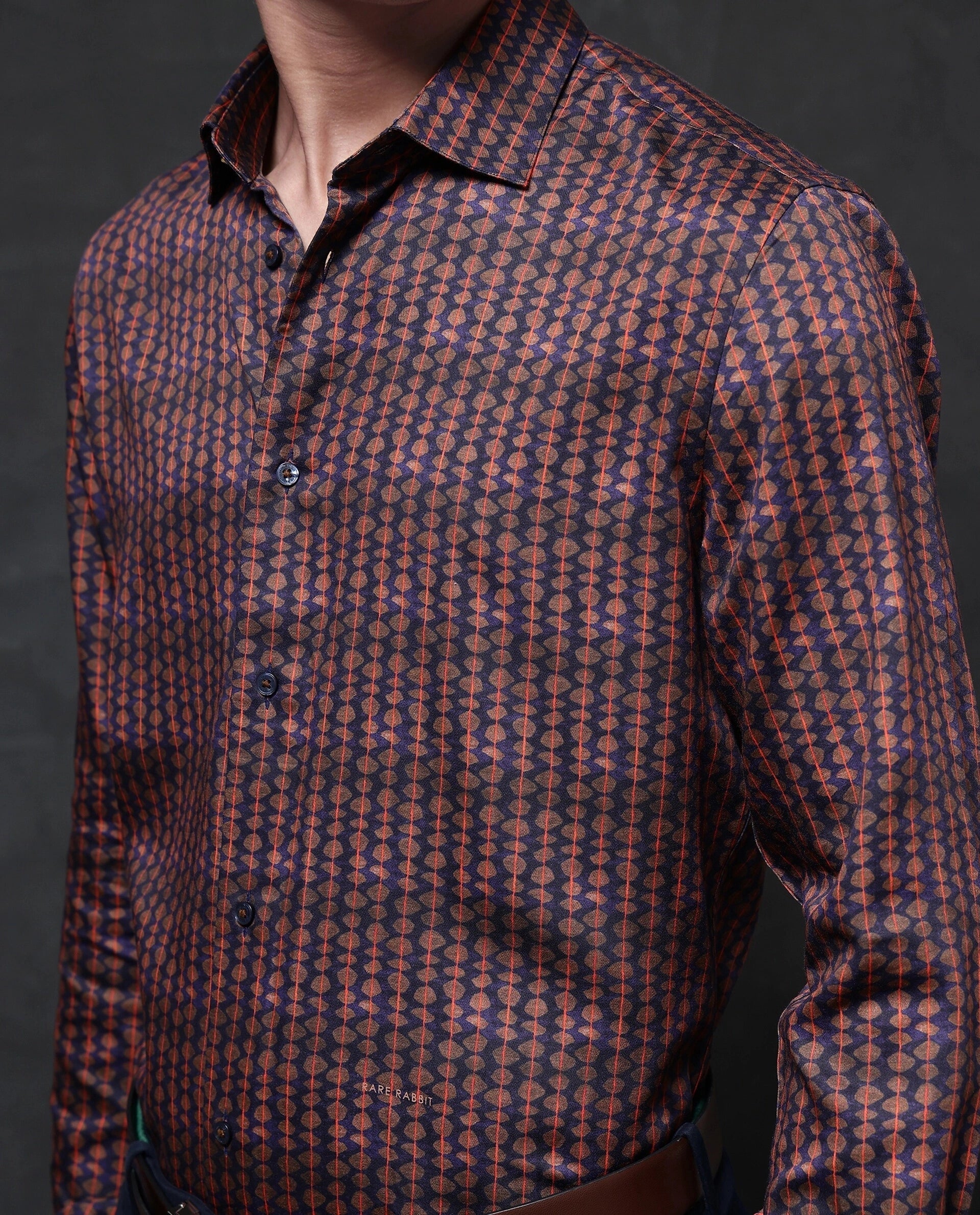 Rare Rabbit Men Flux Dark Purple Full Sleeve Button Closure Regular Fit Geometric Print Shirt