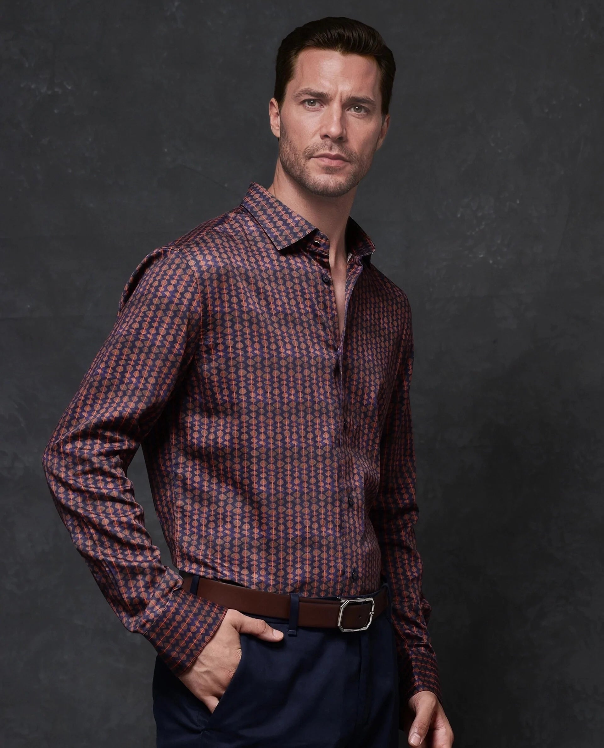 Rare Rabbit Men Flux Dark Purple Full Sleeve Button Closure Regular Fit Geometric Print Shirt