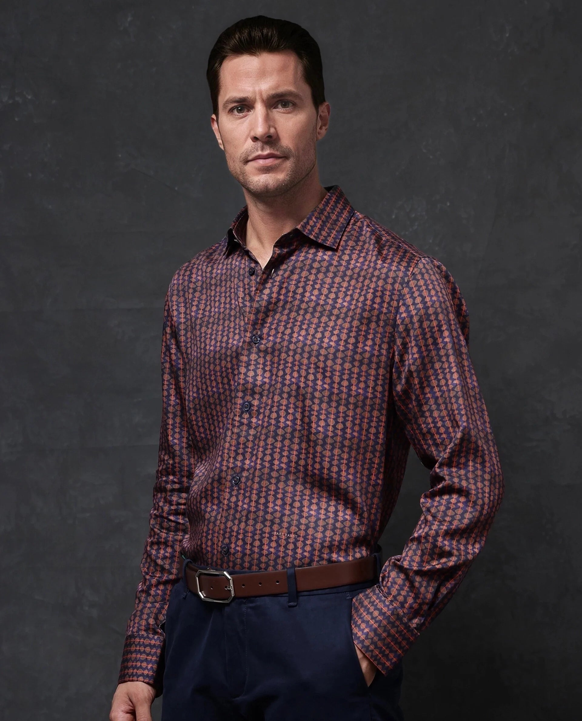 Rare Rabbit Men Flux Dark Purple Full Sleeve Button Closure Regular Fit Geometric Print Shirt