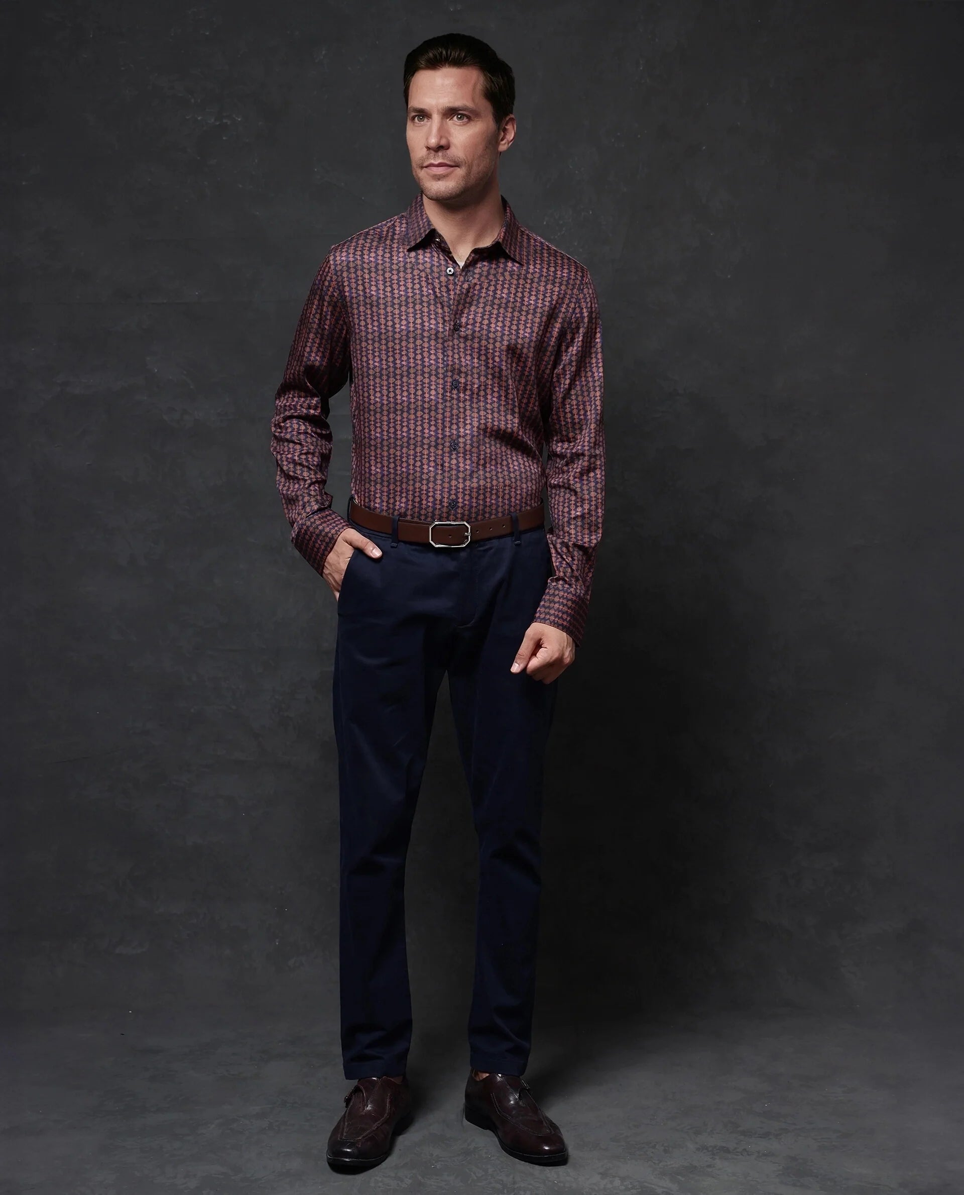 Rare Rabbit Men Flux Dark Purple Full Sleeve Button Closure Regular Fit Geometric Print Shirt