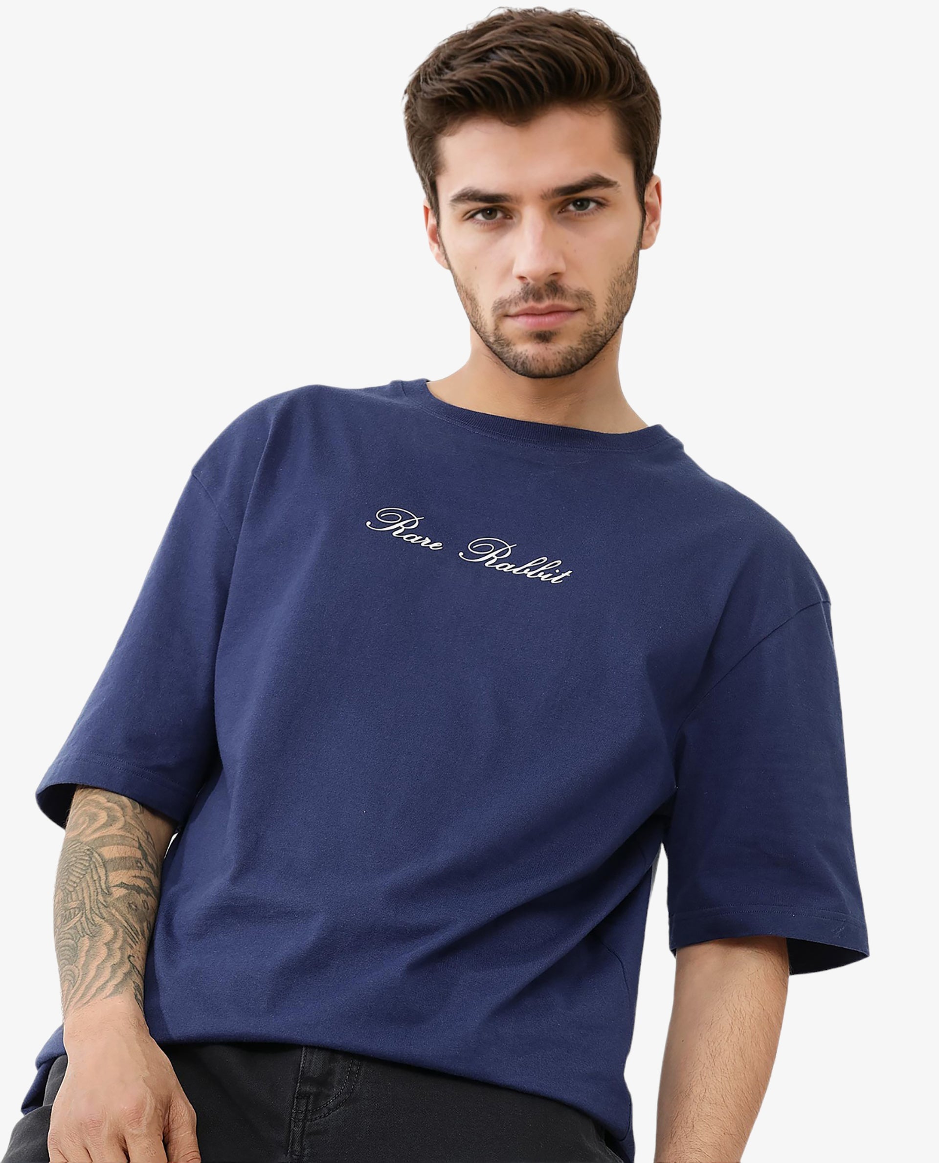 Rare Rabbit Articale Men's Flyby Blue Cotton Fabric Crew Neck Oversized Fit Graphic Print T-Shirt